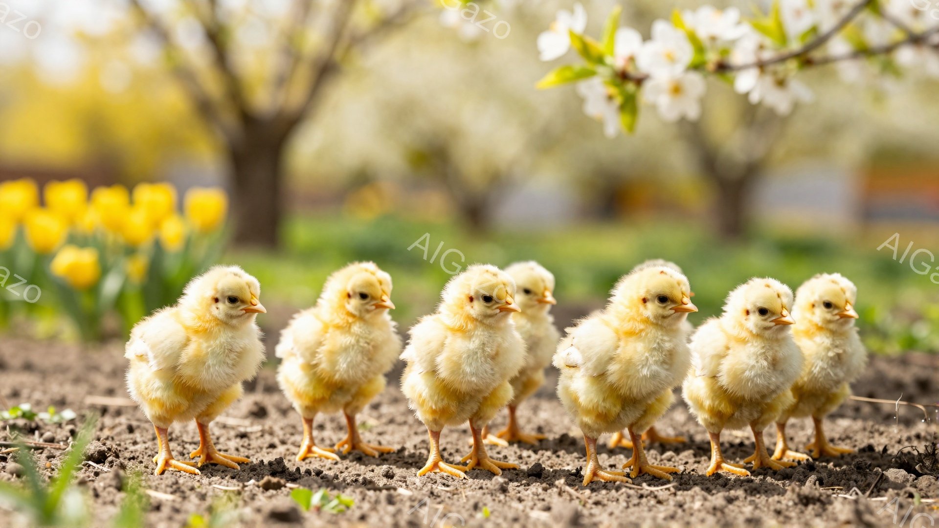 明るい日差しの中で、ひよこたちが一列に並んで土の上を歩いている。背景には、ぼやけた花壇と、桜の木が見え、春らしい穏やかな雰囲気を感じさせる。ふわふわとした羽毛と、小さな足が可愛らしい。 - AI生成フリー素材