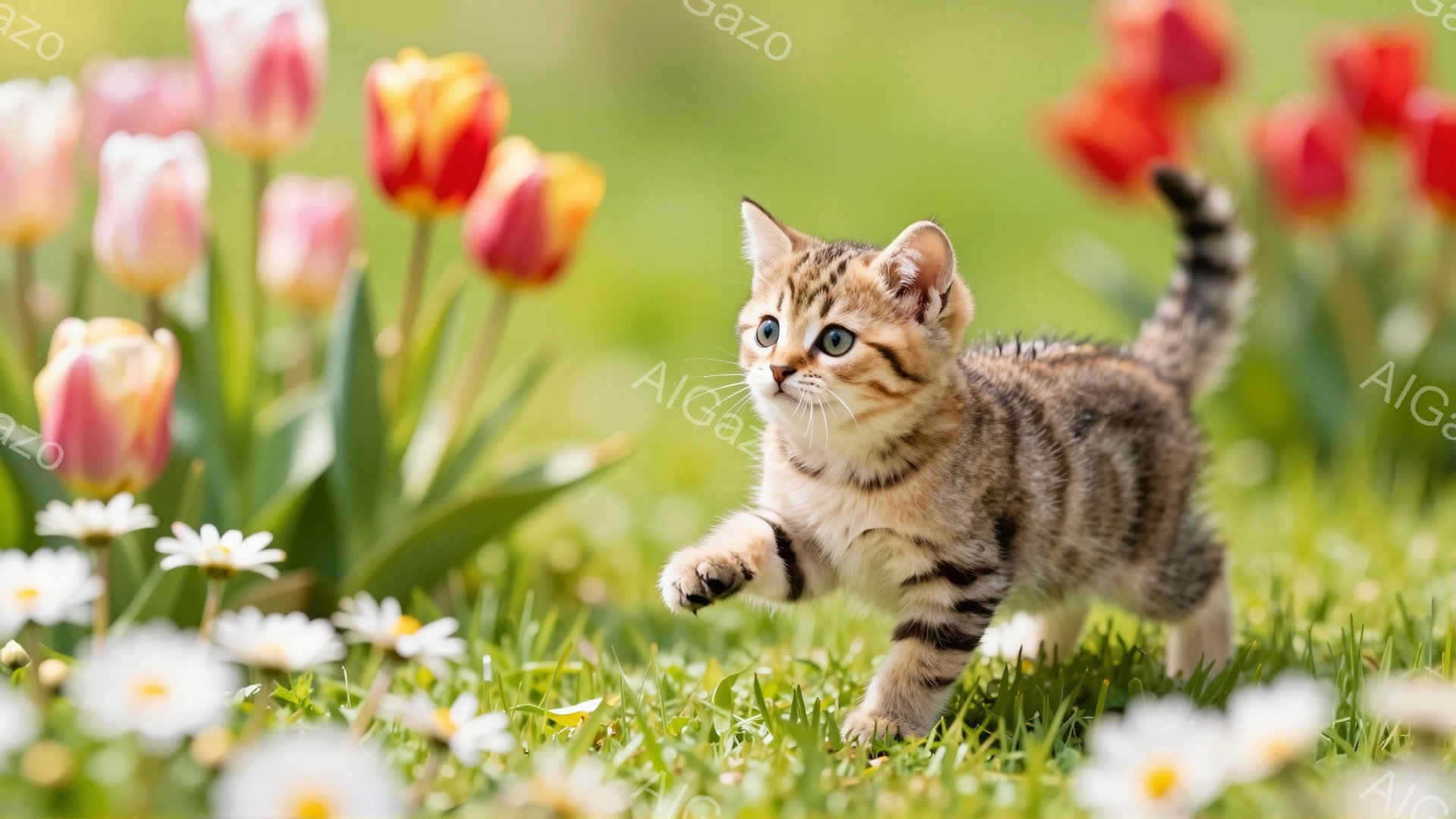 草原で小さな子猫が花の間を駆け抜けている。縞模様の毛並みが可愛らしく、好奇心旺盛な表情で前を見つめている。背景には色とりどりのチューリップやデイジーが咲き誇り、春の暖かな雰囲気を演出している。