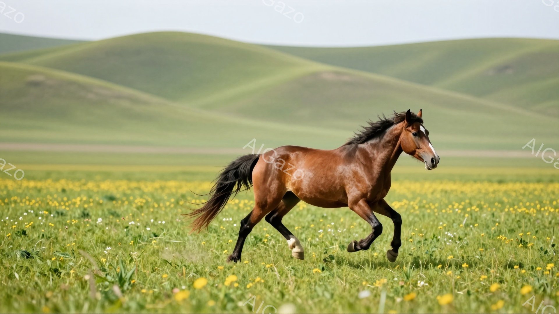 広大な緑の草原を栗色の馬が疾走している。太陽の光が馬の毛並みを照らし、力強さと自由さを表現している。背景には、なだらかな丘が広がり、穏やかで平和な雰囲気を醸し出している。