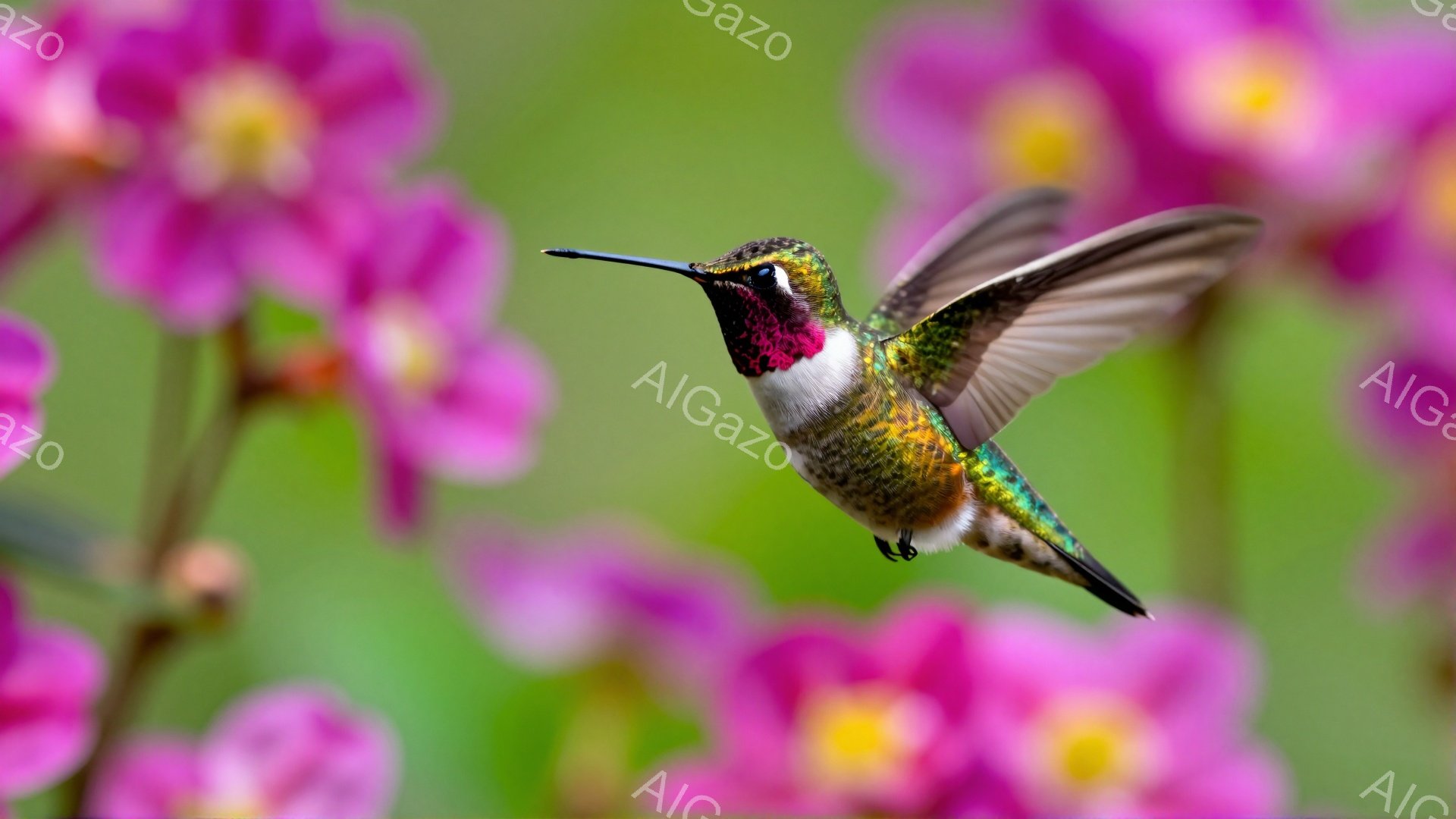 アライグマのように見えるハチドリが、ピンクの花の周りを舞っている。鮮やかな緑、赤、紫の羽は光を捉え、ダイナミックな動きを強調している。背景は柔らかい緑色で、全体的に華やかで生命力に満ちた雰囲気である。