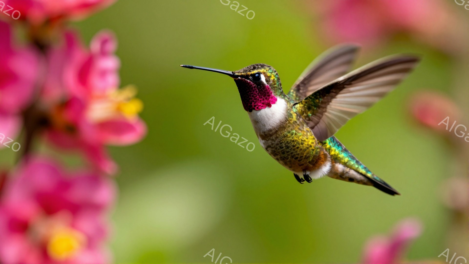アサガオの花の間に、鮮やかな緑と紫色のハチドリが舞っている。翼はぼやけており、動きの速さを強調している。背景は柔らかい緑色で、花とのコントラストが美しい。 - AI生成フリー素材