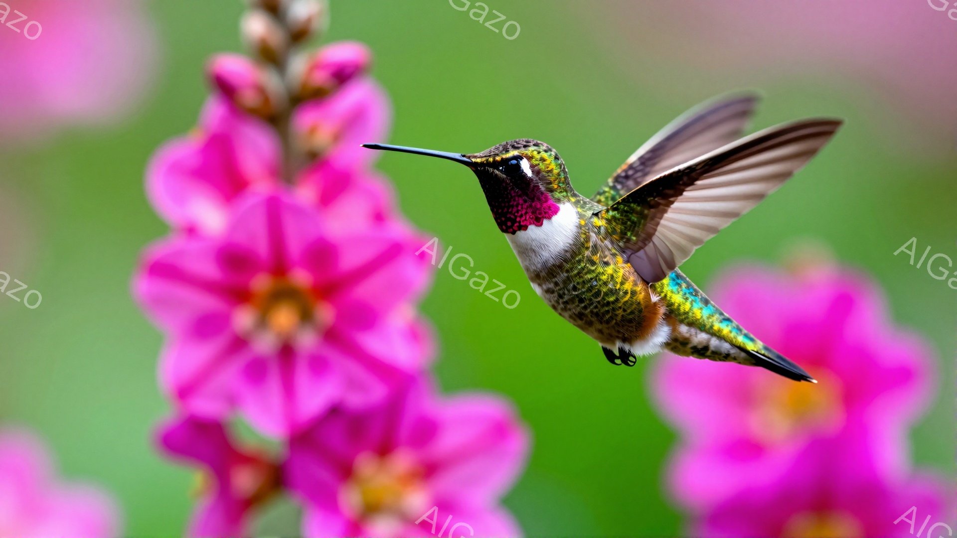 明るいピンク色のトウワタのそばで、エメラルドグリーンの体に鮮やかな赤い喉を持つハチドリが飛んでいる。翼はぼやけており、花から蜜を吸おうとしている様子がうかがえる。背景は緑色の葉で覆われており、自然豊か - AI生成フリー素材