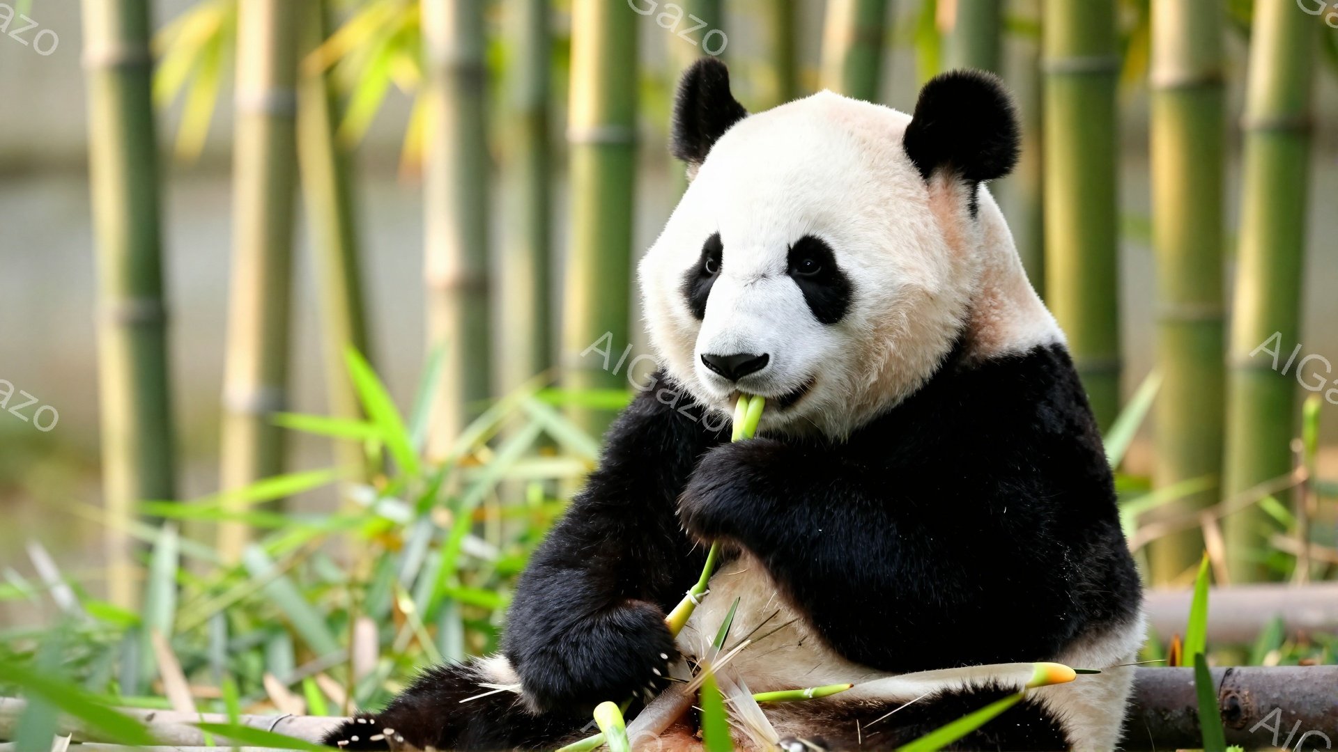 巨大なパンダが竹を食べている。緑色の竹林を背景に、リラックスした様子で座っている。パンダの毛並みは黒と白で鮮やかで、生き生きとしている。
