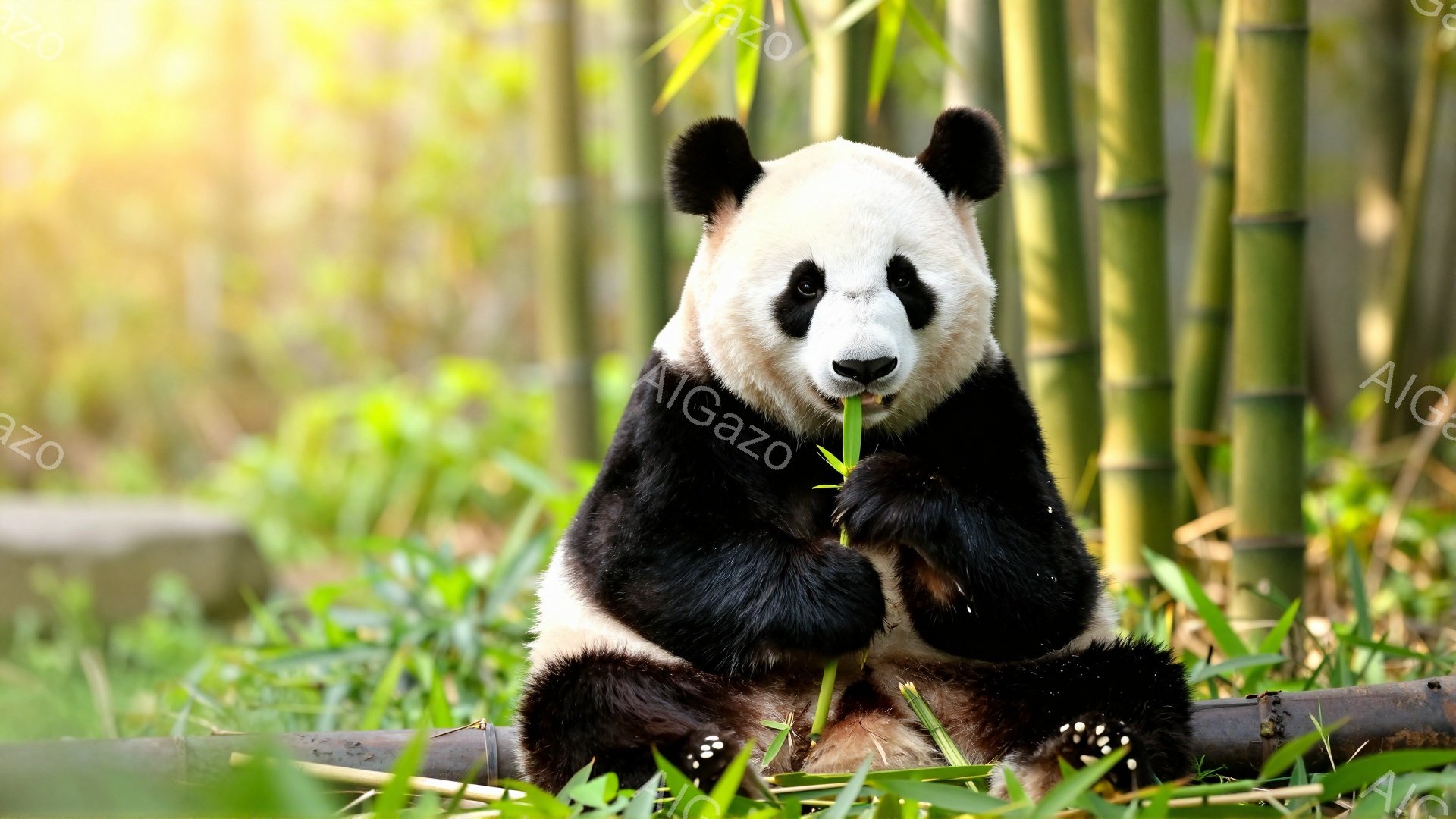 パンダが緑豊かな竹林の中で座り、前足で竹を抱えています。その表情は穏やかで、周りの自然と調和し、リラックスした雰囲気を醸し出しています。背景には柔らかい光が差し込み、春の暖かい一日を思わせます。