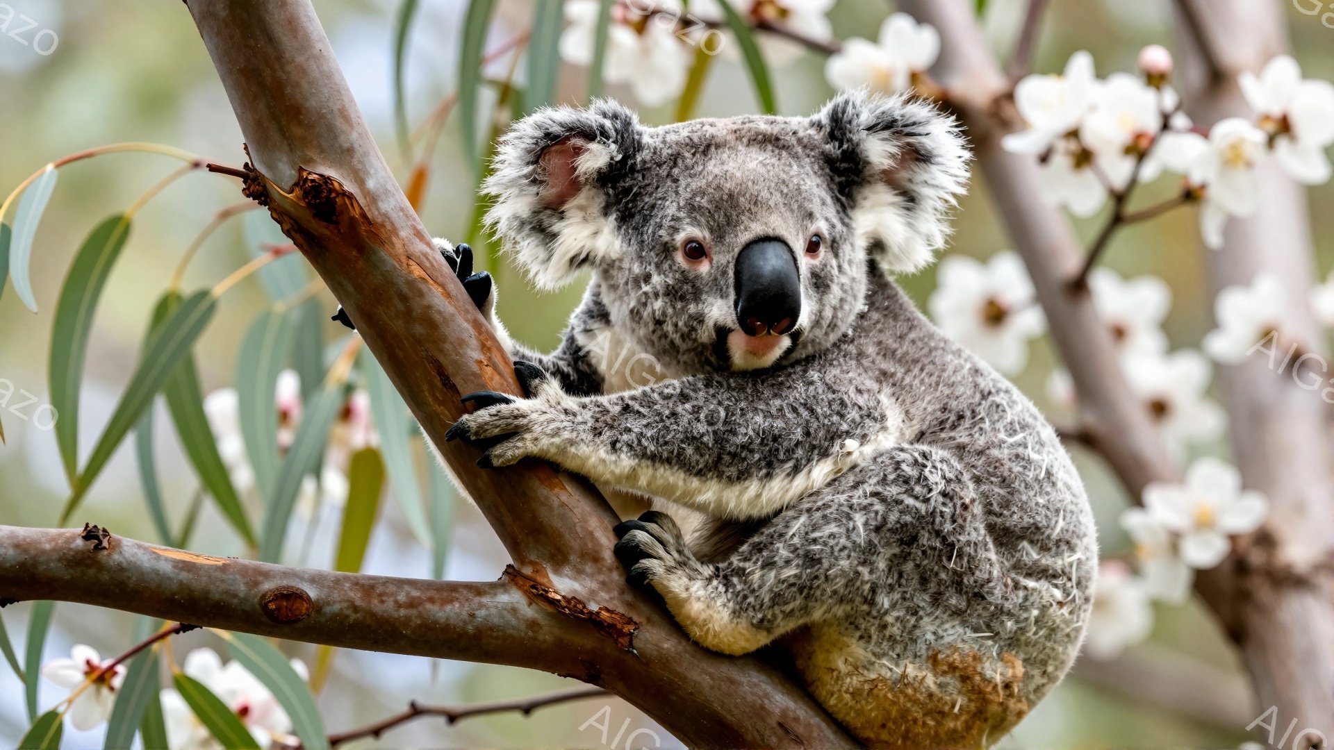 コアラがユーカリの木の枝にしがみついています。灰色の毛並みと丸い耳が特徴的で、リラックスした様子で木を見下ろしています。背景には白い花が咲き乱れ、春らしい穏やかな雰囲気が漂っています。