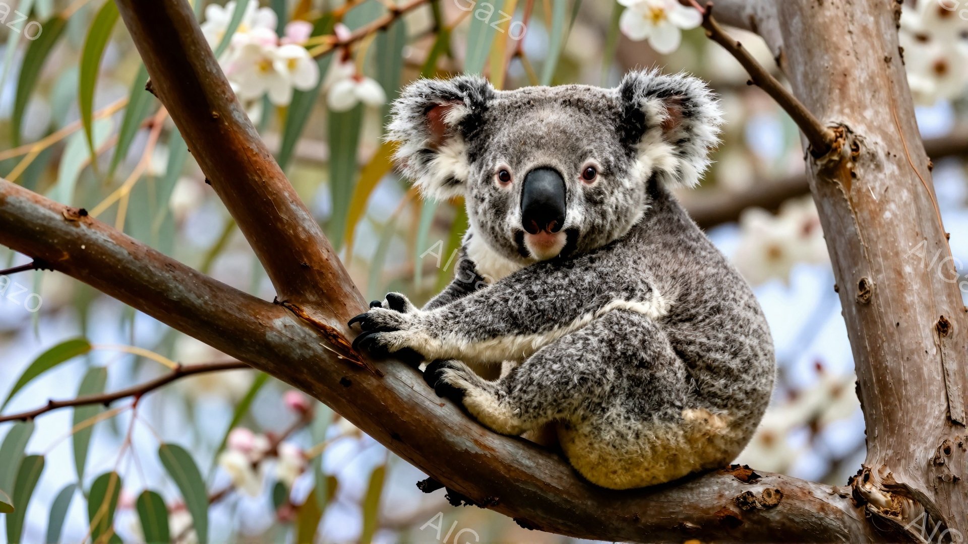 コアラが木の枝に座ってこちらを見ています。毛並みはふさふさとしており、穏やかな表情をしています。背景には、白い花が咲き乱れ、暖かく優しい雰囲気が漂っています。