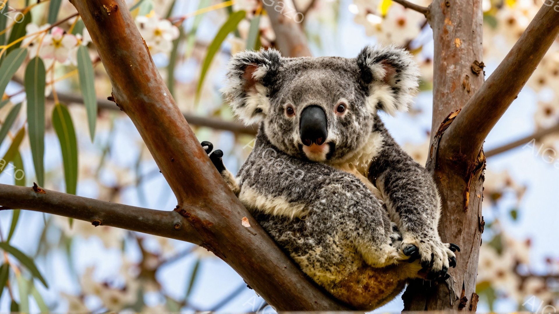 コアラが木の枝に座ってこちらを見ています。毛並みがふっくらとしており、穏やかな表情をしています。背景には淡い色の花が咲き乱れ、春らしい陽気な雰囲気です。
