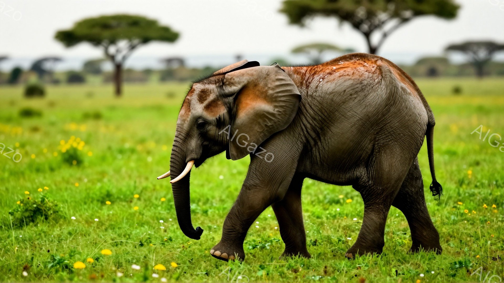広大な緑の草原を、一頭のゾウが歩いている。象は茶色っぽい泥で覆われており、長い牙と力強い体格が印象的だ。背景にはまばらに木々が見え、穏やかで平和な雰囲気が漂っている。