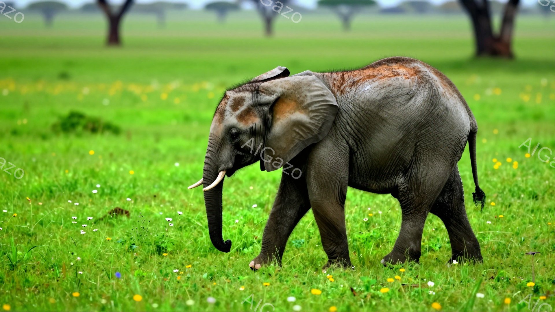 緑豊かな草原を小さな象が歩いている。緑の草と黄色い花が咲き乱れ、背景にはまばらに木々が見える。穏やかで平和な雰囲気が漂う。