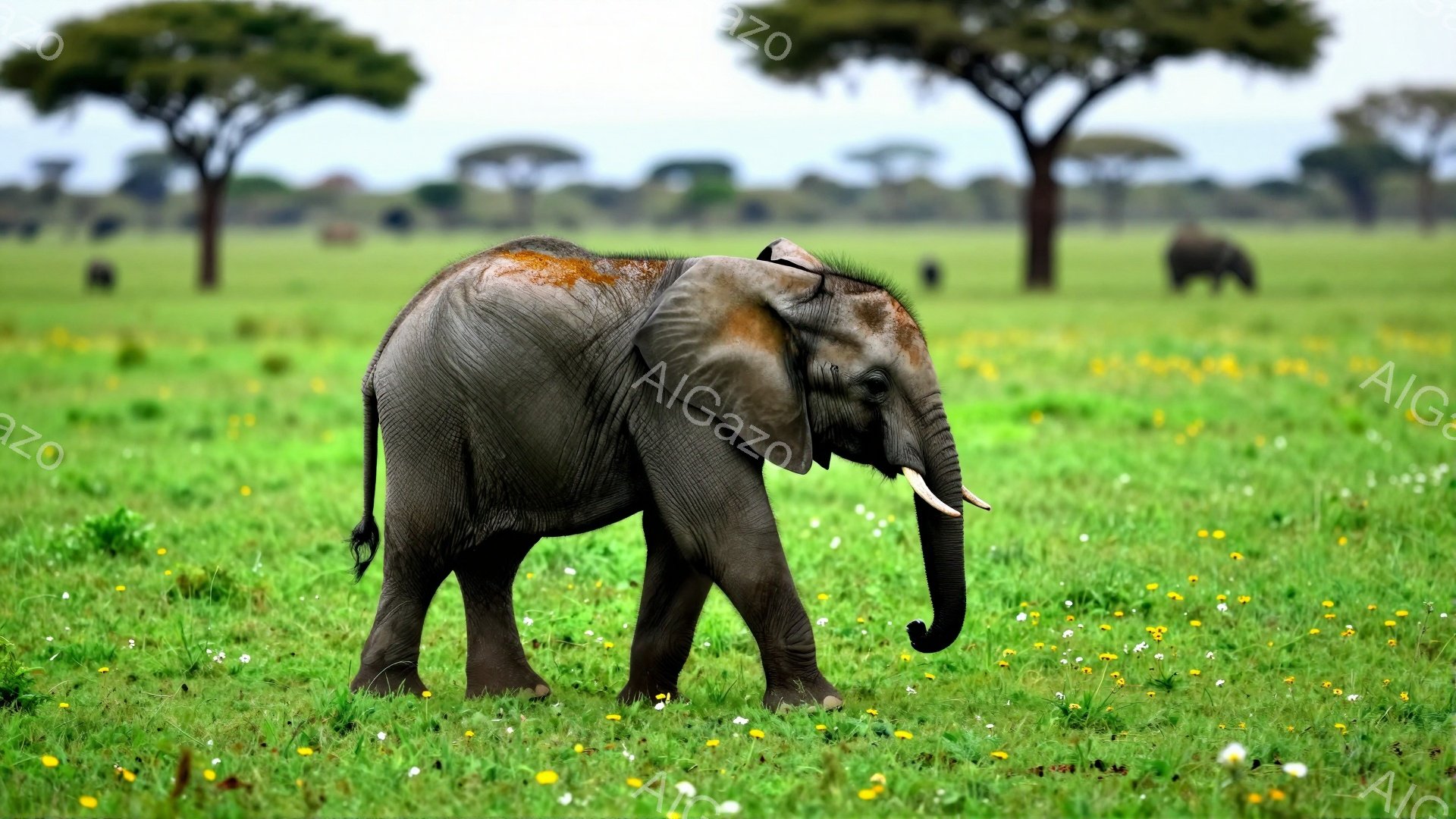 広大な草原を歩く若いゾウが写っています。鮮やかな緑の草と黄色い花が咲き乱れ、背景にはアカシアの木が見えます。穏やかな雰囲気で、アフリカの自然を感じさせます。