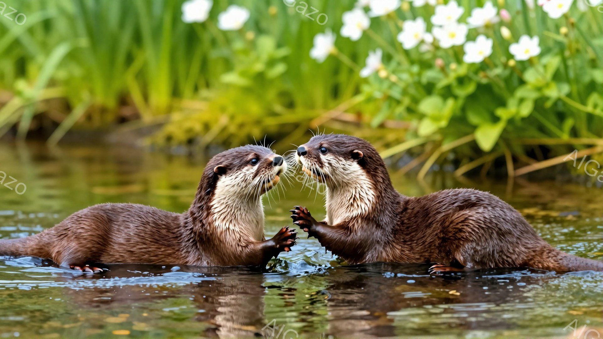 二頭のカワウソが水中で向かい合っています。前足を使って互いに触れ合い、楽しそうに戯れています。背景には緑豊かな植物が見え、穏やかで平和な雰囲気が漂っています。