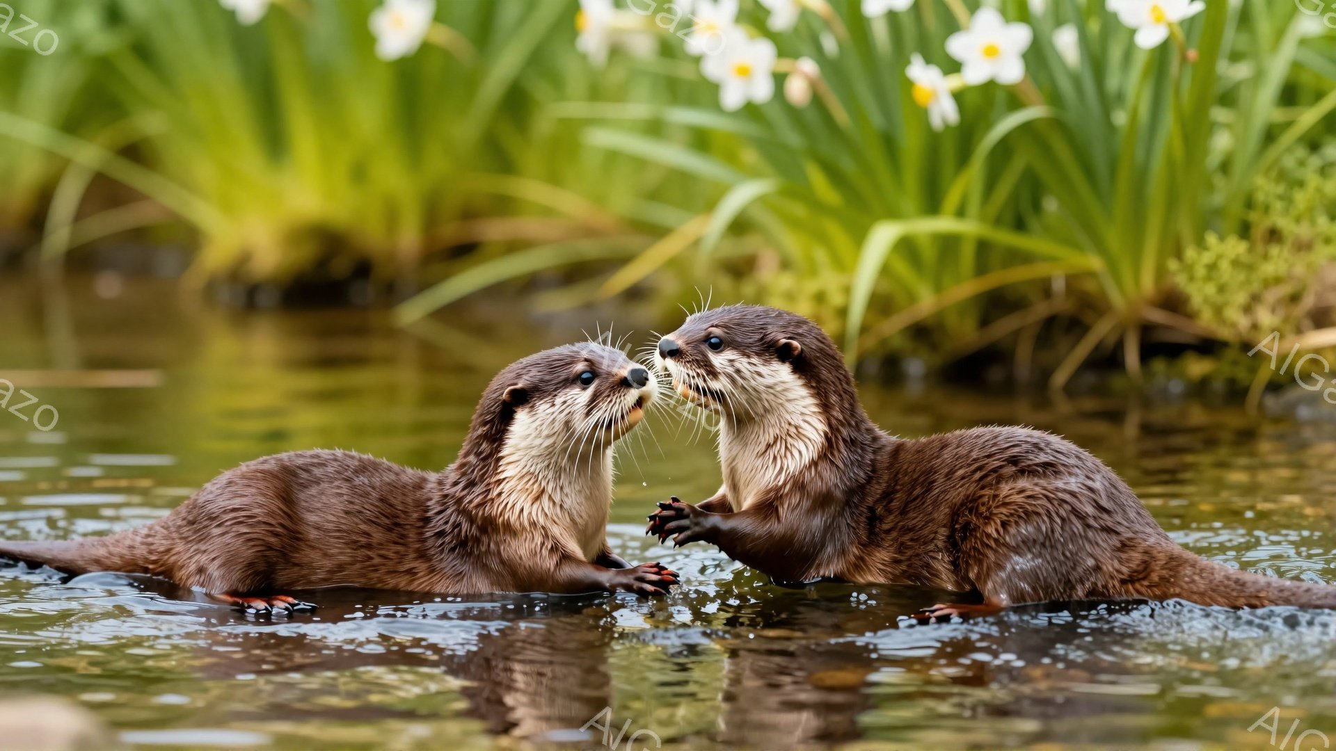 2匹のカワウソが水中で向かい合って立っており、お互いに前足を組み合っています。背景には緑の植物と白い花がぼやけており、水面には光が反射してキラキラと輝いています。穏やかで可愛らしい雰囲気の写真です。