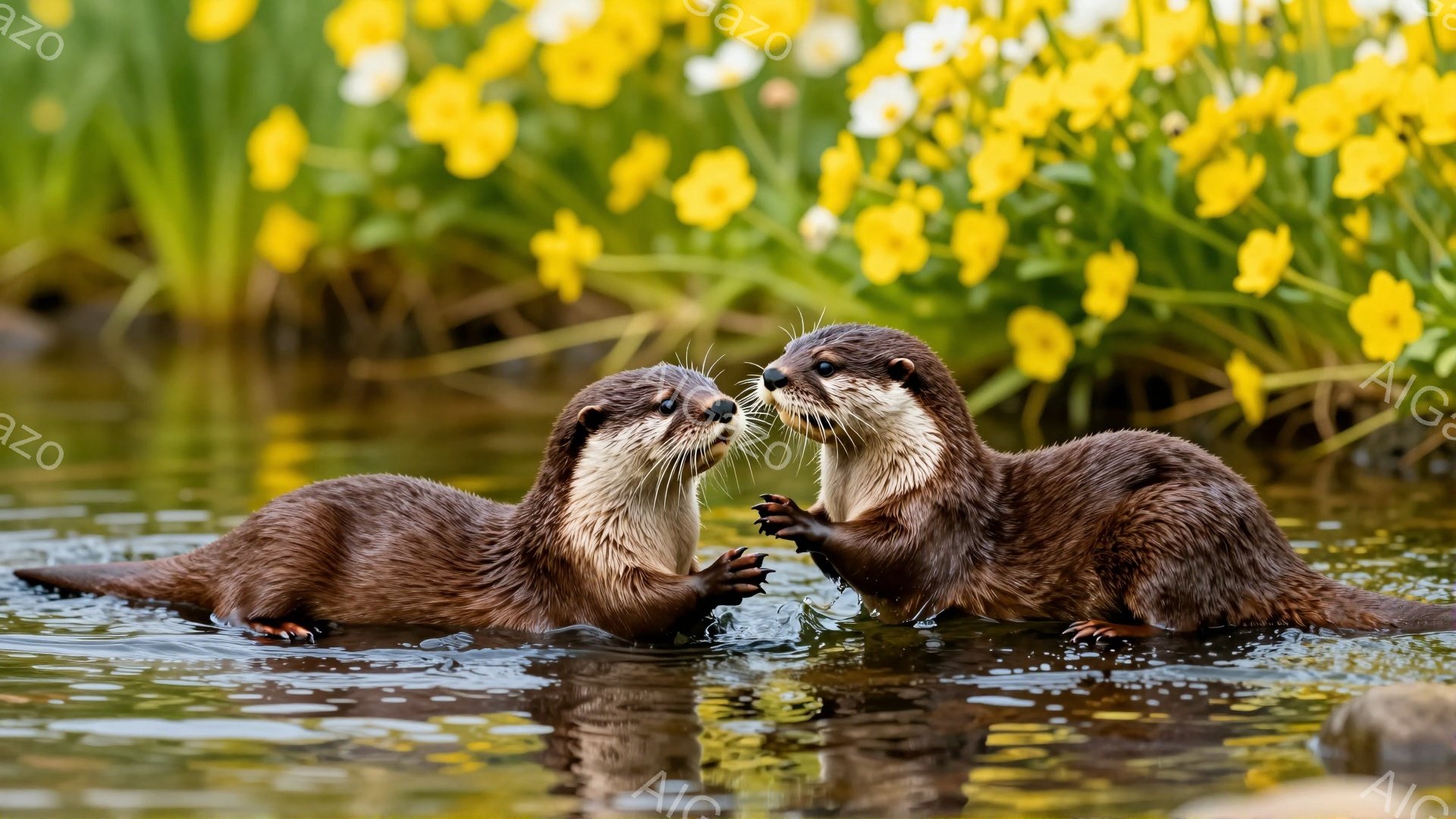 2頭のカワウソが水中で向き合い、前足を組んでいる。周囲には黄色い花が咲き乱れ、穏やかで暖かい雰囲気が漂っている。水面にはカワウソの姿が反射し、美しい光景を作り出している。