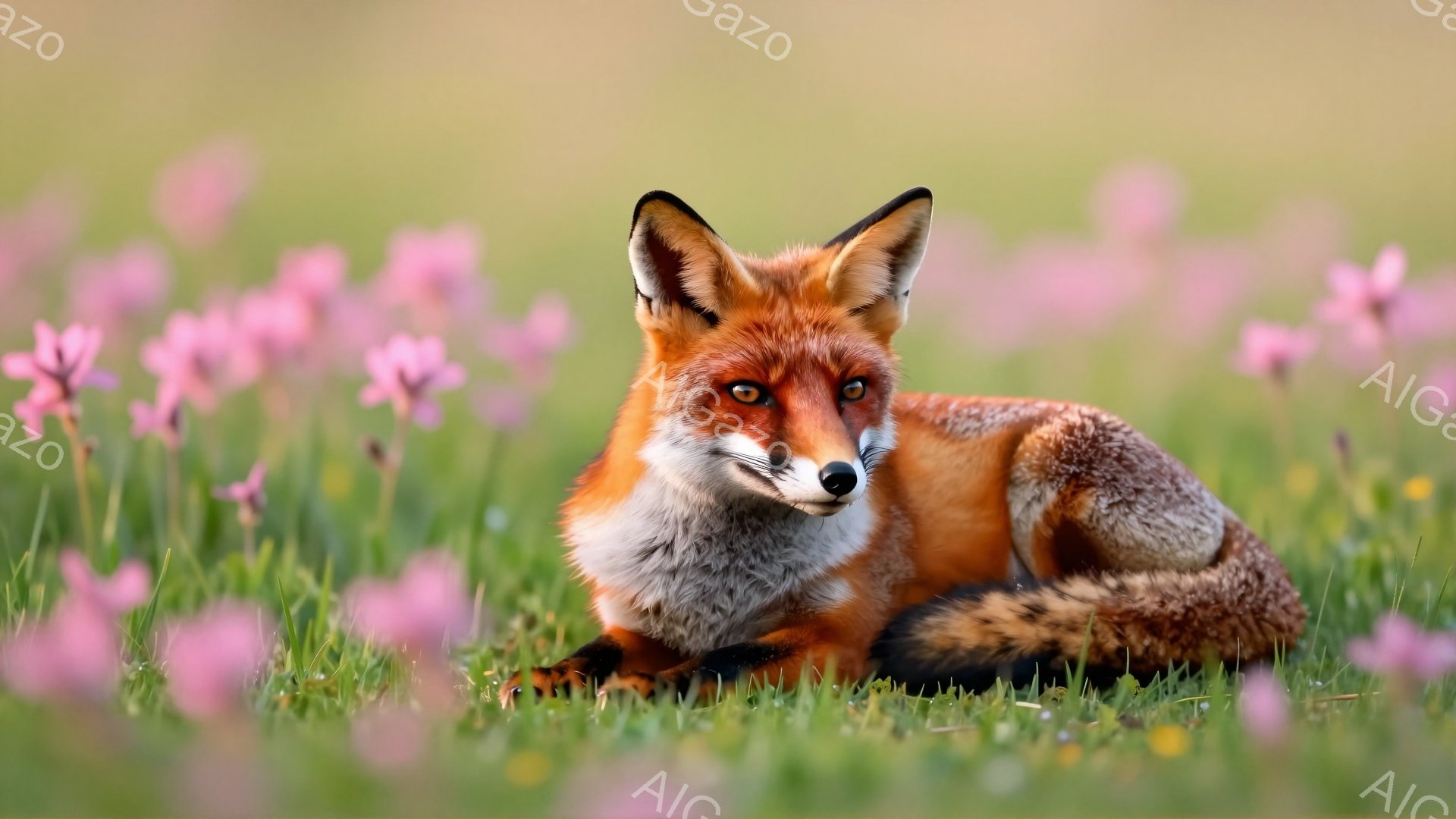 鮮やかな緑の草地に、毛並みの美しいキツネが横たわっています。ピンク色の小さな花々が咲き乱れ、穏やかな春の雰囲気を醸し出しています。キツネは鋭い眼差しでこちらを見つめ、警戒心と好奇心が入り混じった表情を - AI生成フリー素材