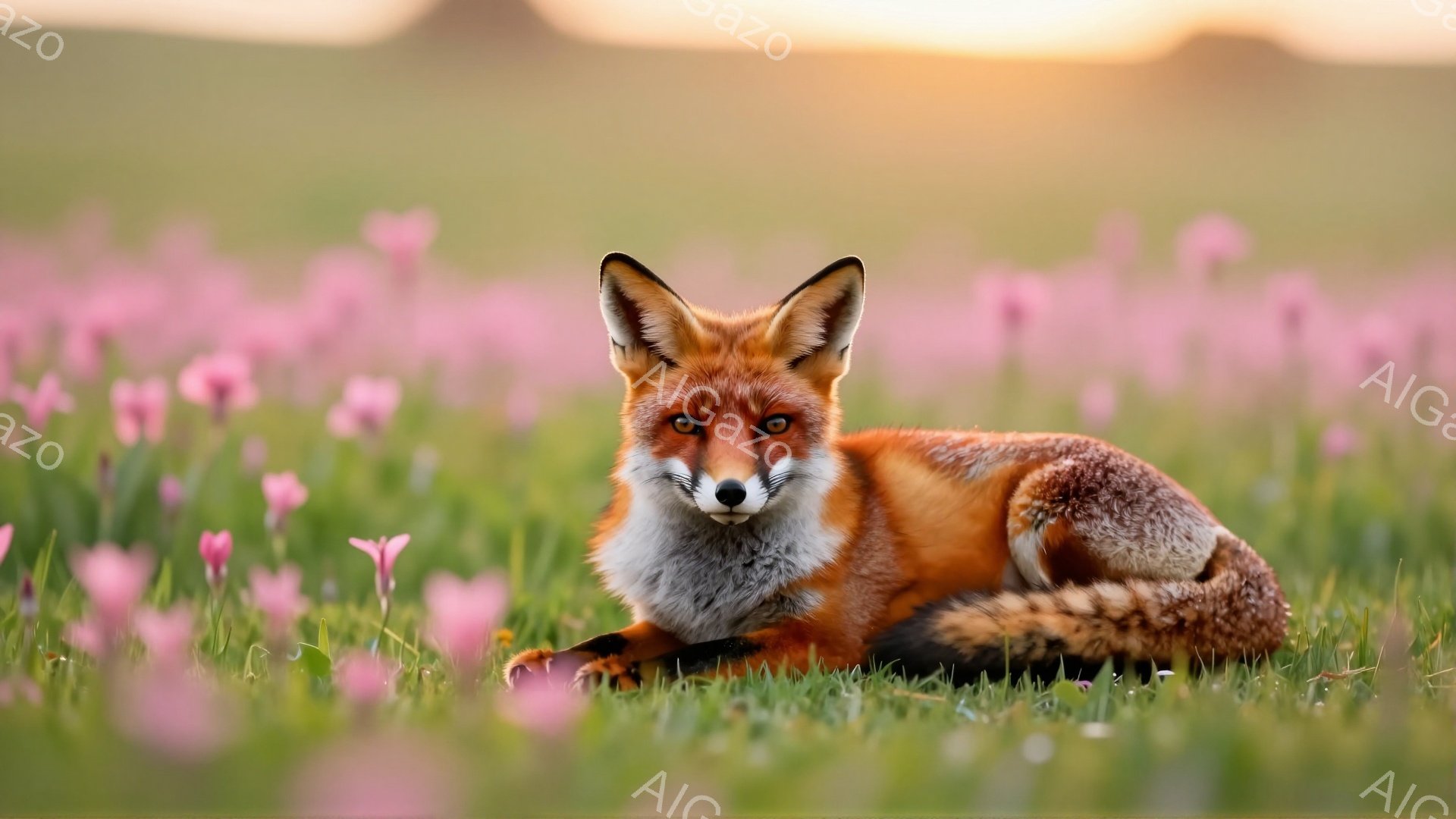 明るい緑の草の上に、赤い毛並みのキツネが横たわっています。キツネはカメラの方を見て、静かで穏やかな表情を浮かべています。背景にはピンク色の花が咲き乱れ、暖かく優しい雰囲気を醸し出しています。 - AI生成フリー素材