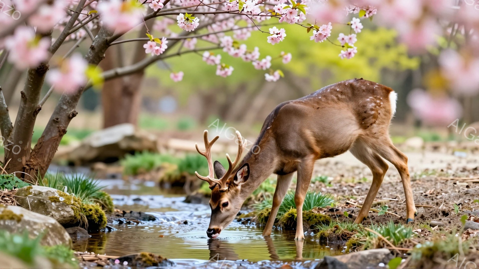 桜の木の下で水を飲む雄鹿が写っている。苔むした岩や草が生い茂る水辺で、穏やかな春の風景が広がっている。鹿は優雅な姿勢で水を飲み、自然との調和を感じさせる。