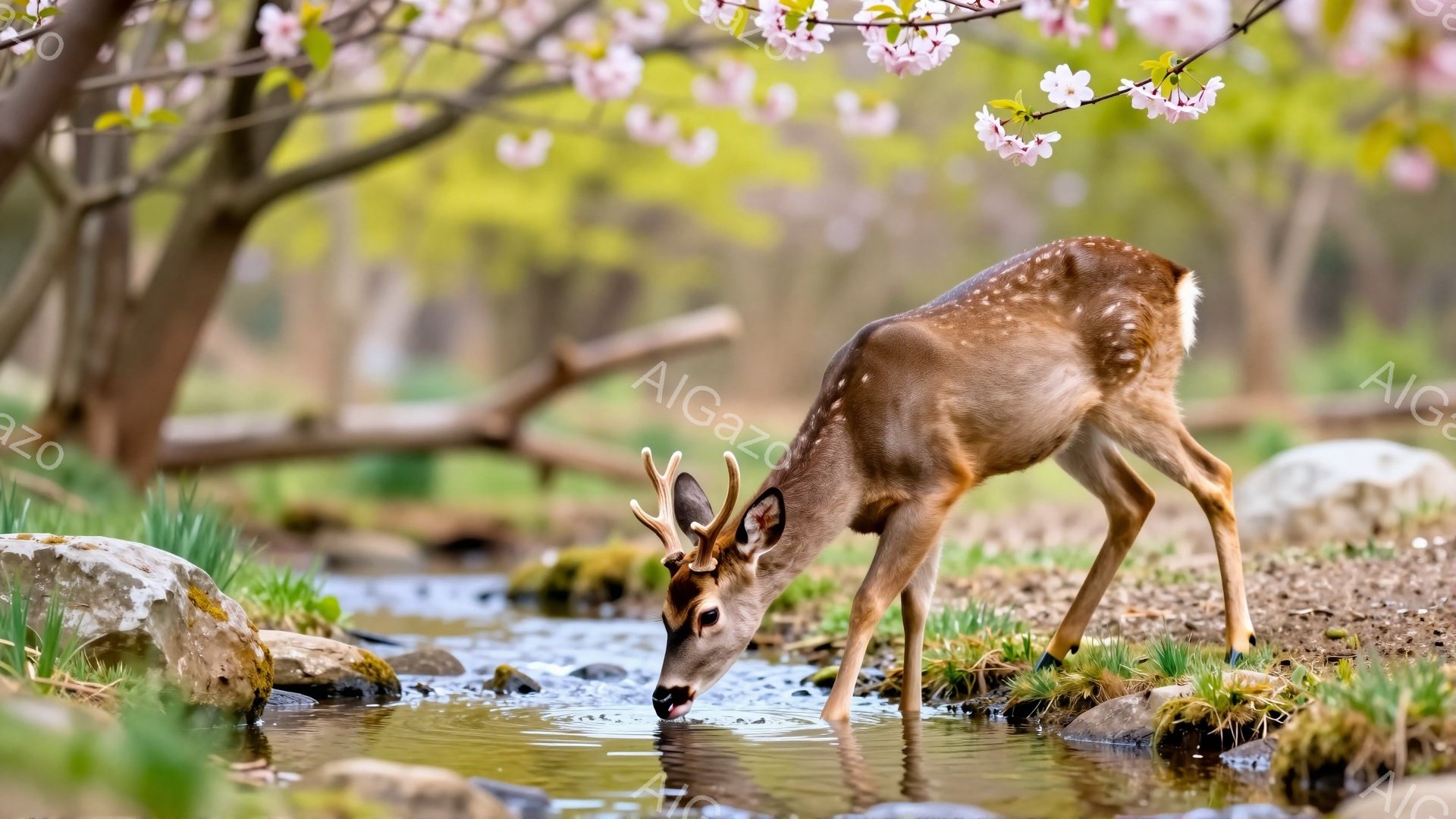 若い雄鹿が小川で水を飲んでいます。背景にはピンク色の桜の木と緑豊かな植物が見られ、春の穏やかな雰囲気が漂っています。鹿は警戒しながらも落ち着いた様子で、自然の中で静かに過ごしています。