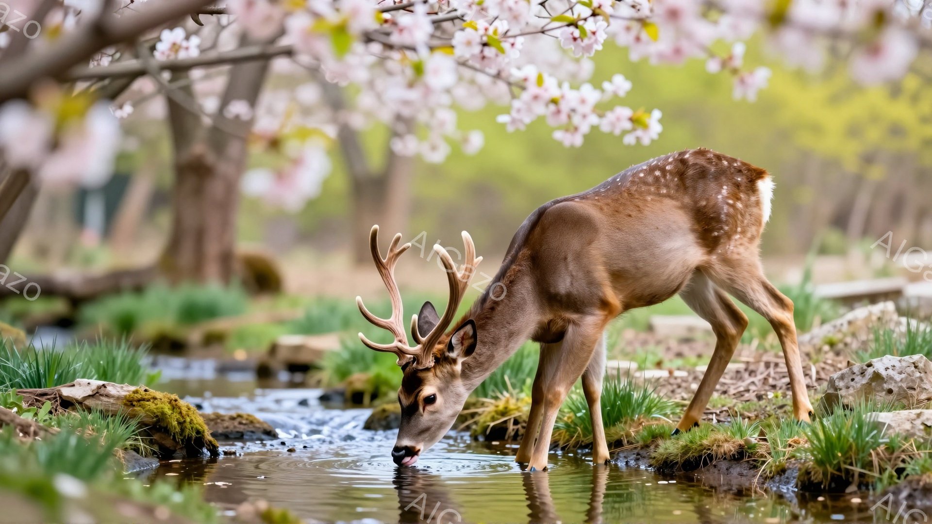 桜の木の下で、雄鹿が水を飲んでいる様子が捉えられています。周囲には緑の草が生い茂り、春の穏やかな雰囲気が漂っています。鹿の毛並みは美しく、背景の桜と相まって、幻想的な光景を作り出しています。