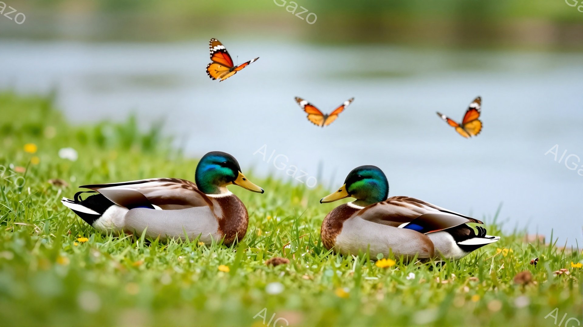 緑の草地に2羽のアヒルが横たわっています。周囲には小さな黄色い花が点在し、空には3匹の蝶が舞っています。穏やかな光と背景のぼかしが、のどかな田園風景を表現しています。 - AI生成フリー素材