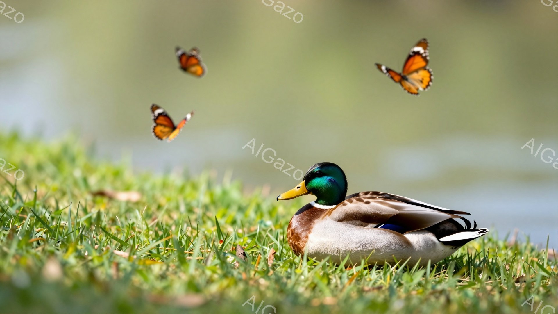 緑の草の上にアヒルが横たわっており、周囲にはオレンジ色の蝶が舞っています。背景はぼやけており、穏やかな自然の光が差し込んでいます。アヒルはリラックスした様子で、平和な雰囲気を醸し出しています。 - AI生成フリー素材