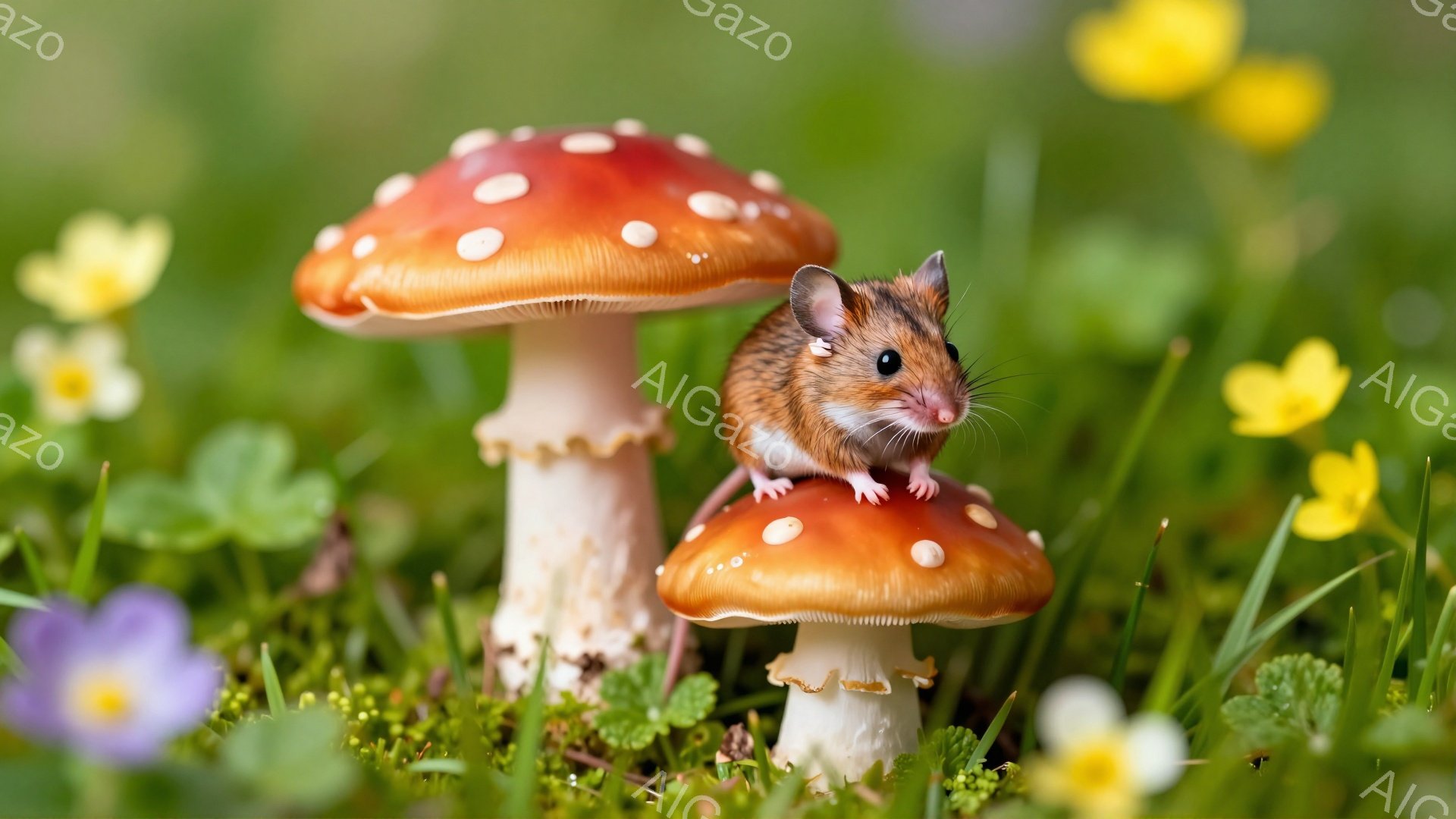 緑豊かな草原の中に、2つの赤いキノコの上に小さなネズミが座っています。ネズミは好奇心と喜びにあふれた表情で、周囲を探索しているようです。鮮やかな花々が背景を彩り、暖かい日差しが降り注ぐ平和な光景です。