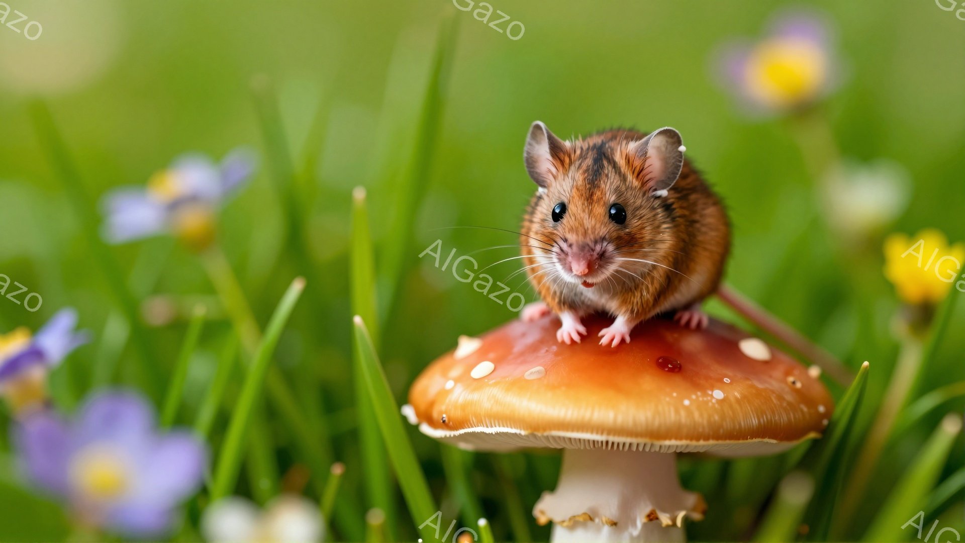 鮮やかな緑の草むらの中に、キノコの傘の上に小さなネズミが立っている。ネズミは明るい目をしており、まるで世界を見下ろしているかのような表情をしている。背景には、紫と黄色の野花がぼんやりと見え、穏やかで自然な雰囲気を醸し出している。