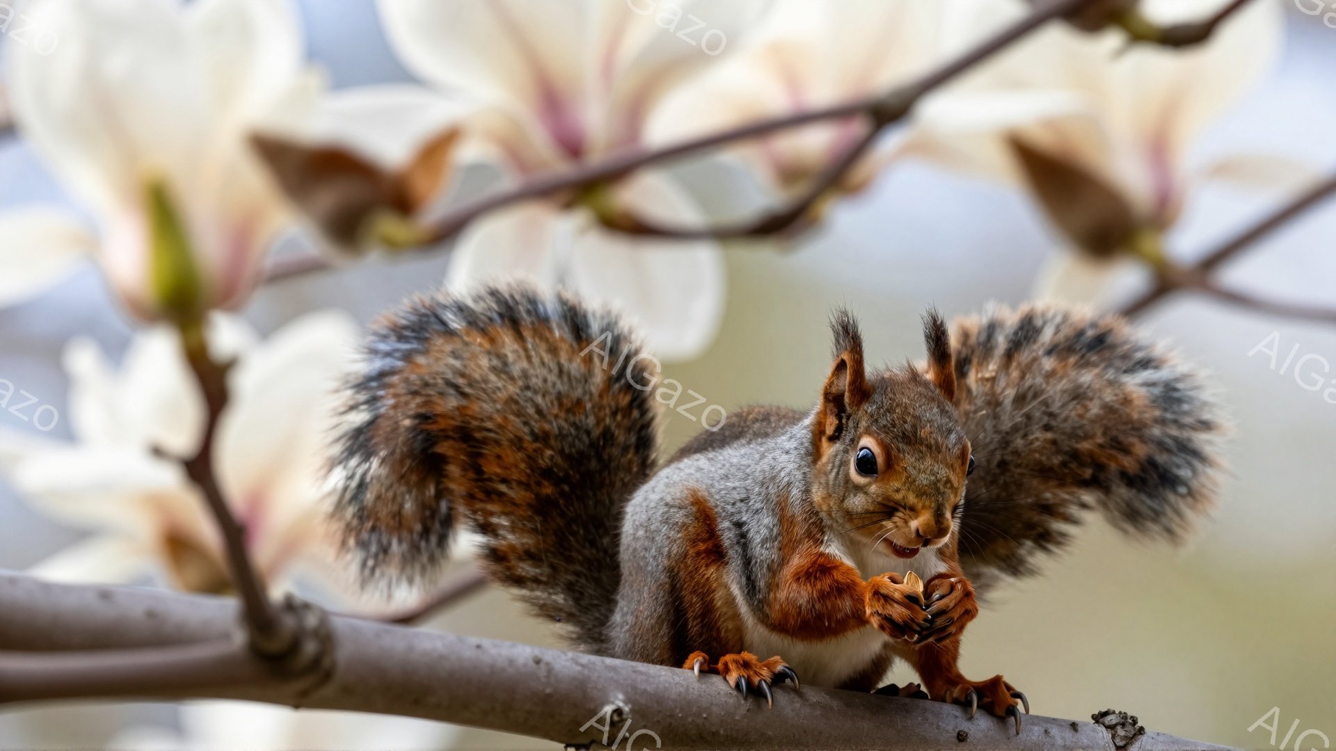 リスが木の枝にとまって木の実を食べている。ふさふさの尻尾が特徴的で、背景には白くてきれいな花がぼやけて見える。春の暖かな日差しを感じさせる、可愛らしい光景だ。