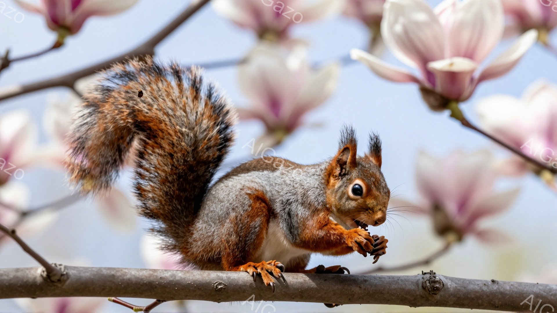 リスが枝にとまって何かを食べています。毛並みが美しく、ふさふさとした尾が特徴的です。背景には薄いピンク色の花が咲き、春の穏やかな雰囲気が感じられます。 - AI生成フリー素材