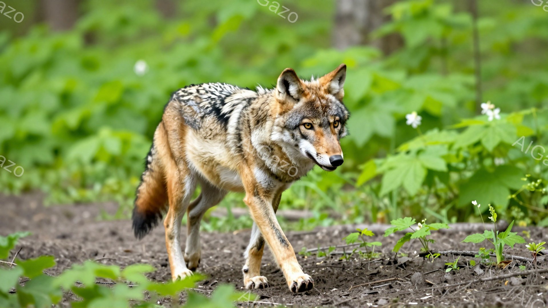 鮮やかな毛並みを持つコヨーテが、緑豊かな植物が生い茂る土の上を歩いている。鋭い眼光と引き締まった表情で、獲物を探しているかのように周囲を警戒している。背景の光と影が、野生の自然の雰囲気を強調している。