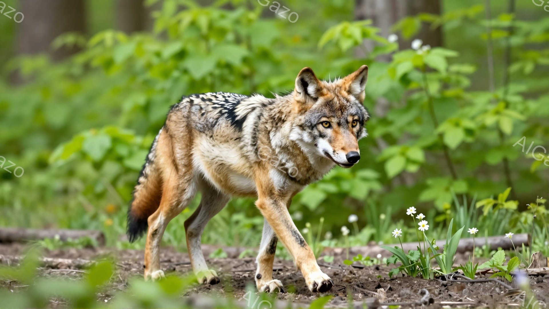 緑豊かな植物に囲まれた土の上を、茶色と黒の毛並みを持つオオカミが歩いている。鋭い目つきと力強い足取りは、野生の動物としての威厳を感じさせる。春の光が差し込み、生命力あふれる自然の風景の中で、オオカミが - AI生成フリー素材