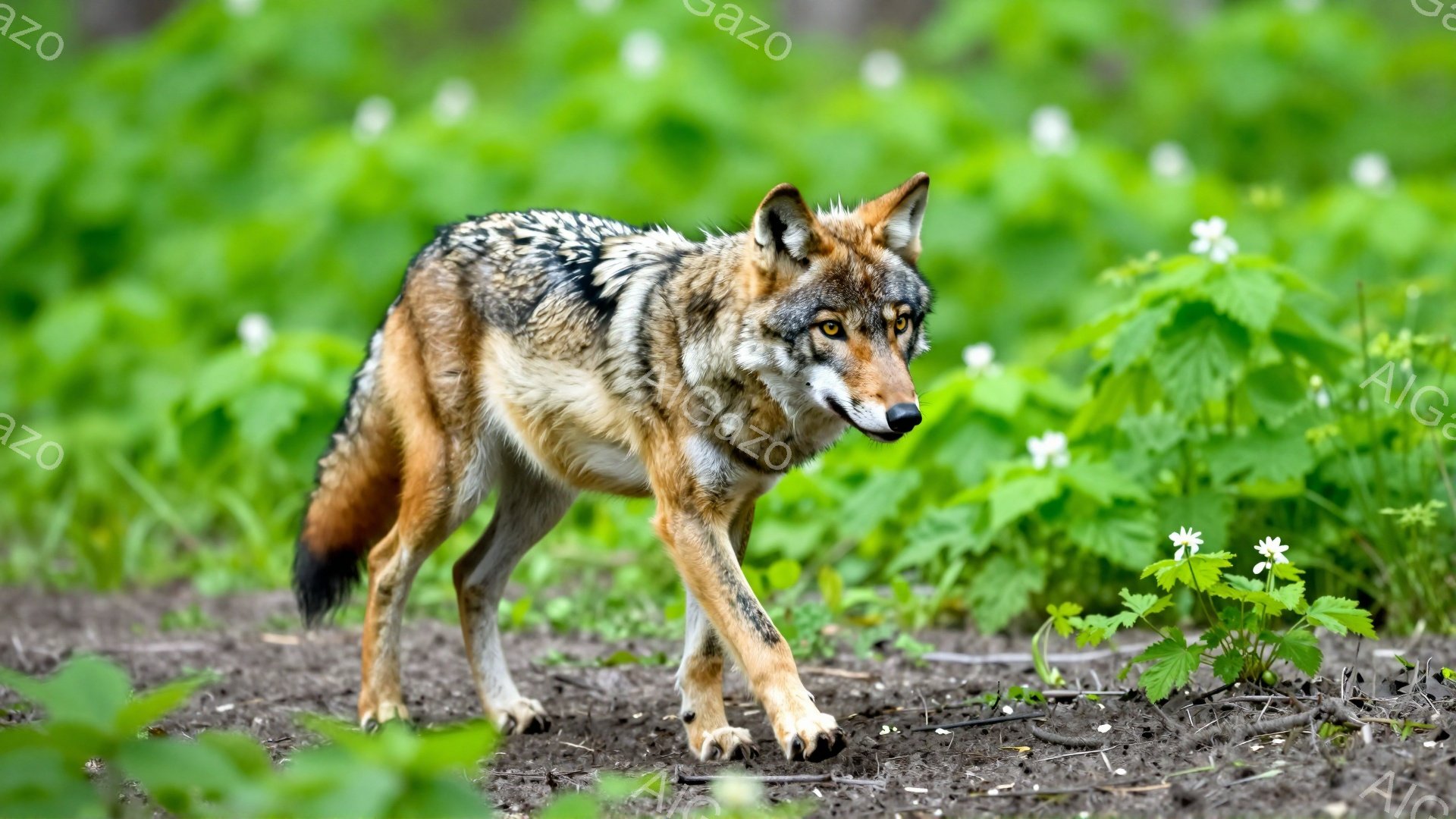 茂った緑の植物の中に、コヨーテが歩いている。毛並みは茶色と灰色の混ざった色で、警戒した表情をしている。背景には小さな白い花が咲き乱れ、穏やかだが野性味あふれる雰囲気が漂っている。