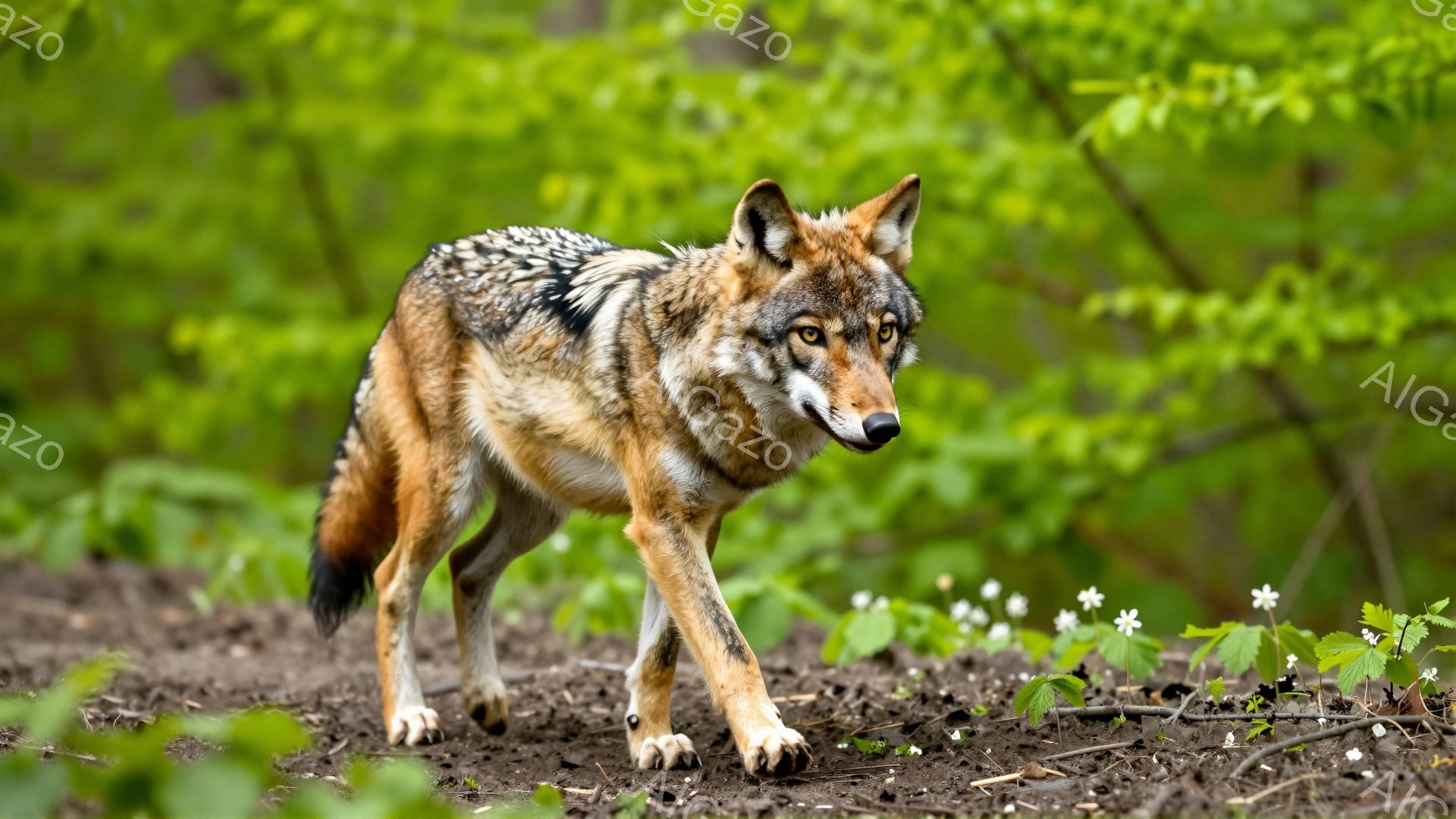 緑豊かな背景を背景に、コヨーテが正面を見据えて歩いている。その毛並みは茶色と灰色が混ざり合い、力強く美しい。春の野原を思わせる植物が茂り、穏やかで自然な雰囲気が漂っている。