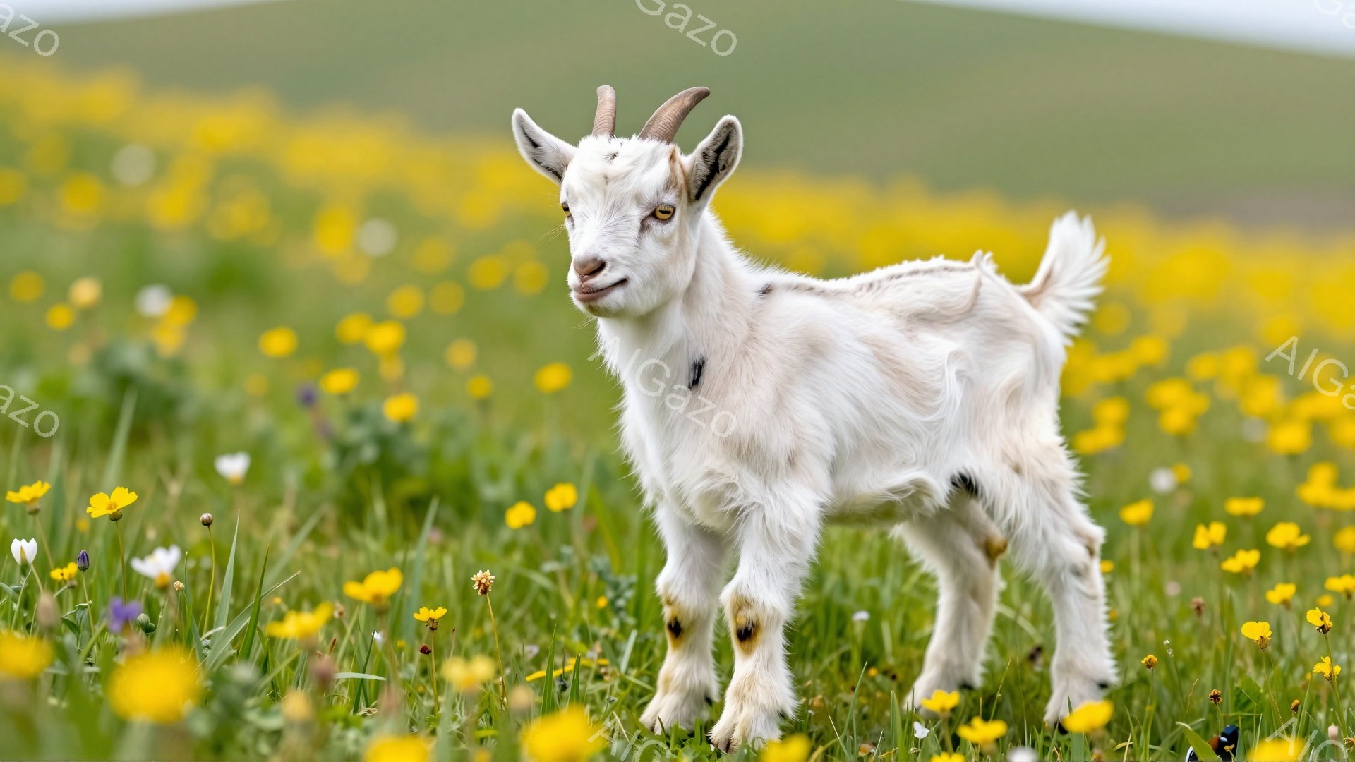 白い山羊が黄色い花畑の中で立っている。その子は好奇心旺盛な表情で、こちらを見つめている。周囲には鮮やかな春の雰囲気があり、のどかな風景が広がっている。