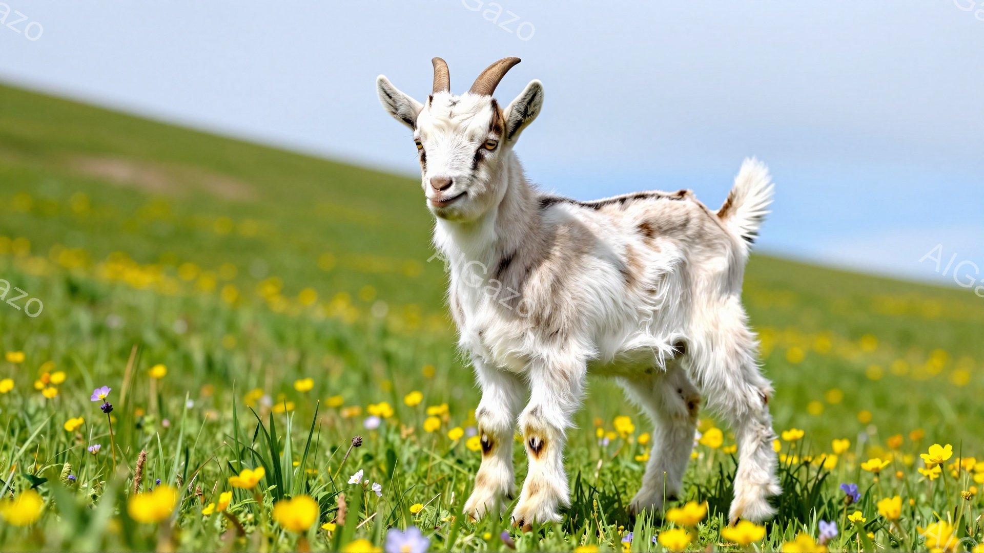 白いヤギが黄色い花が咲き乱れる草原に立っている。ヤギは正面を見つめ、少し警戒した表情をしている。背景は緑の丘と青空で、穏やかで平和な雰囲気が漂っている。 - AI生成フリー素材