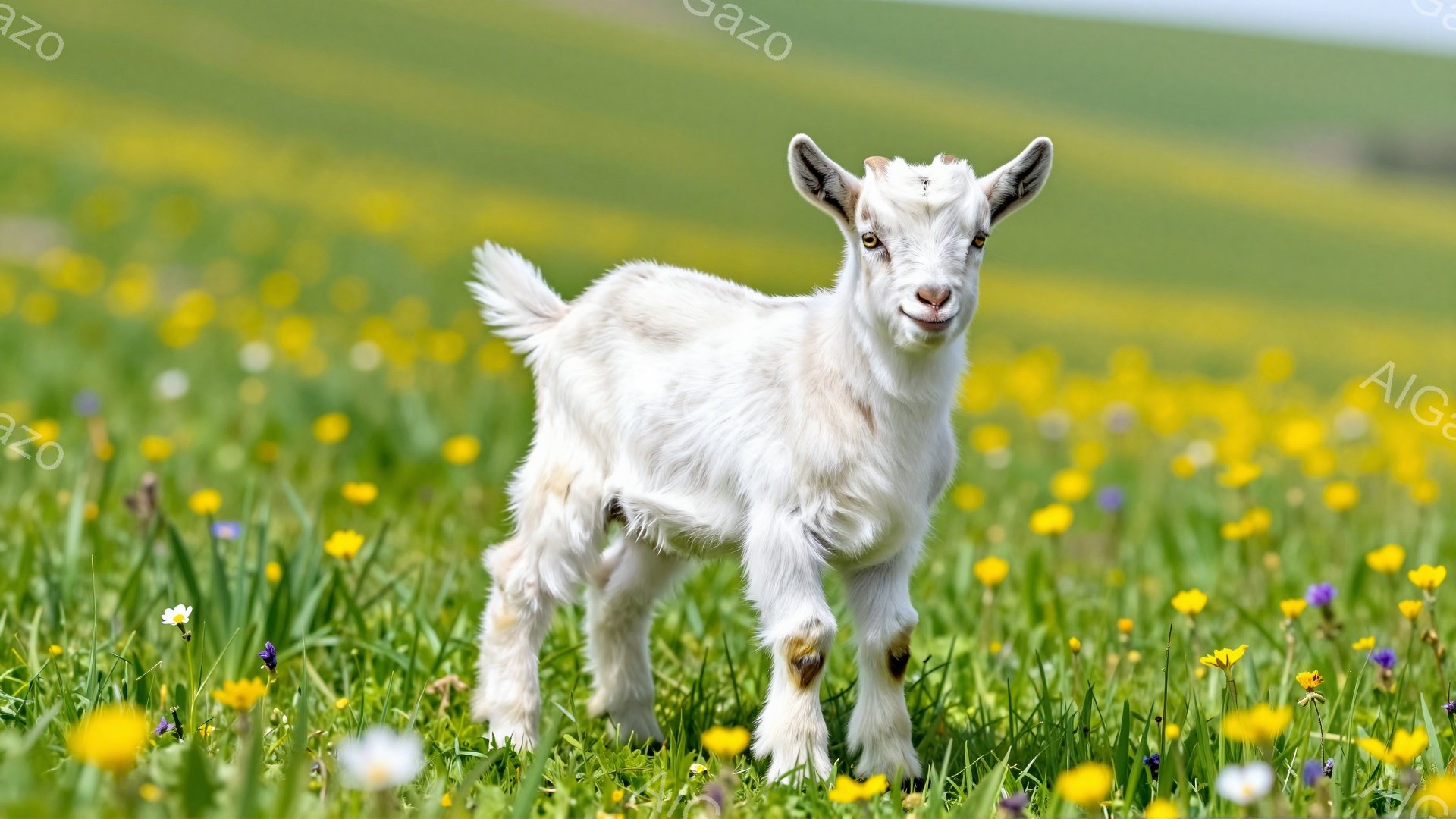 白い子ヤギが、黄色い花々が咲き乱れる緑の草原で立っている。子ヤギは前方を向いており、好奇心と無邪気さを感じさせる表情をしている。背景は柔らかな光に包まれ、穏やかな春の日の雰囲気が漂っている。