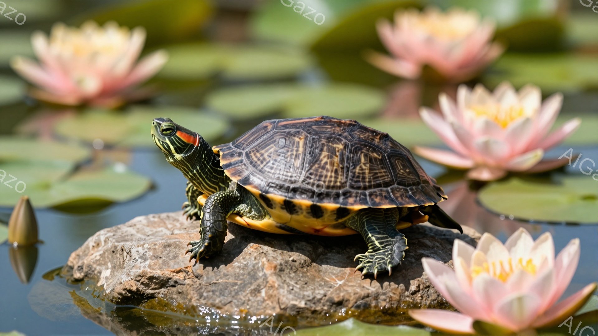 日差しの下、岩の上にミズガメが佇んでいます。周りにはピンク色の睡蓮が咲き誇り、穏やかな水面が反射して、静かで美しい光景を作り出しています。ミズガメは前足を伸ばし、リラックスした様子で日光浴を楽しんでい - AI生成フリー素材