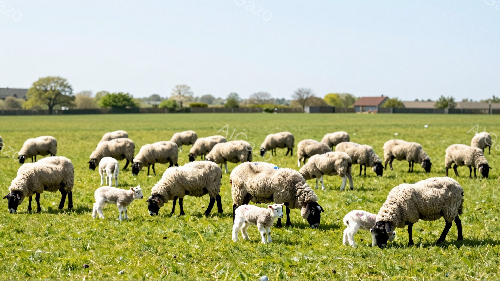 広大な緑の牧草地で、たくさんのヒツジが草を食んでいます。一部には白くてふわふわの幼い子羊もおり、親ヒツジと寄り添っている様子が伺えます。遠くには建物と木々が見え、穏やかで平和な田園風景が広がっています - AI生成フリー素材