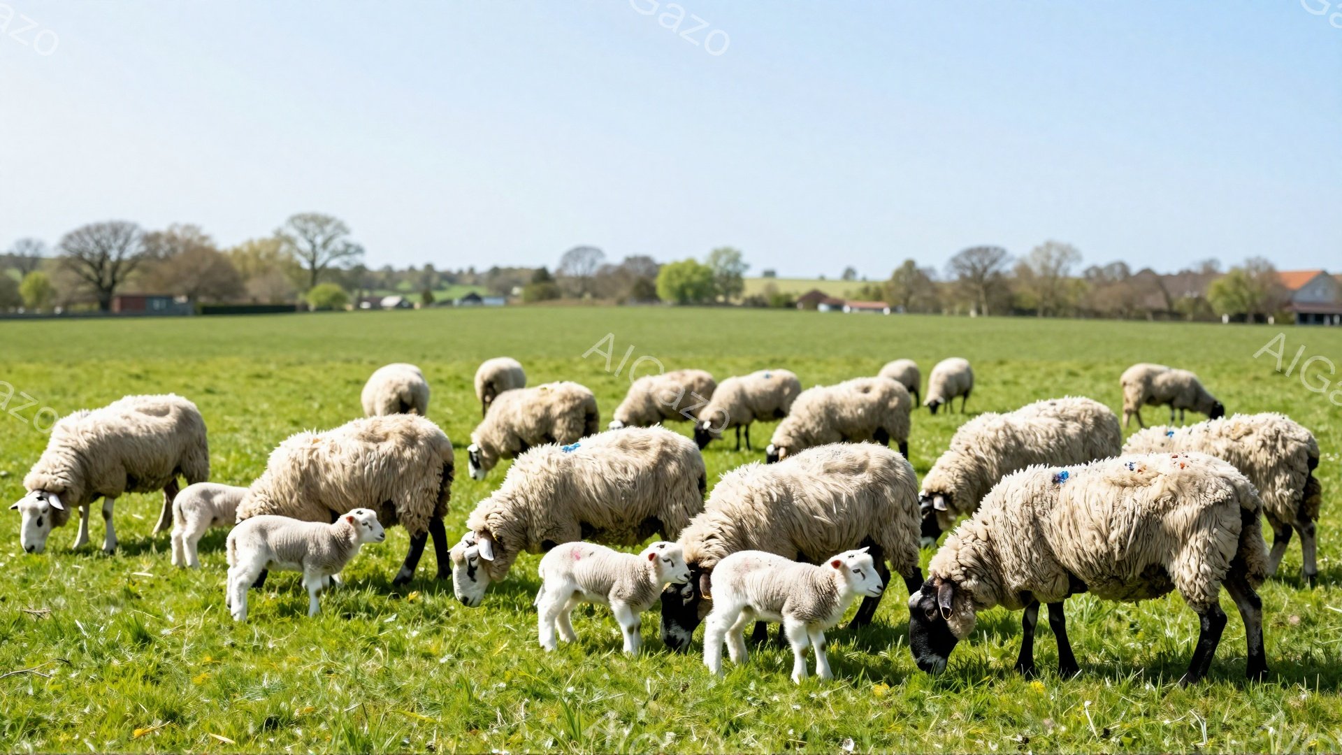 広々とした緑の牧草地で、羊の群れが草を食んでいます。子羊たちは母親の周りを走り回り、活気に満ちた様子が伝わってきます。背景には木々が見え、穏やかな春の日の雰囲気が漂っています。 - AI生成フリー素材