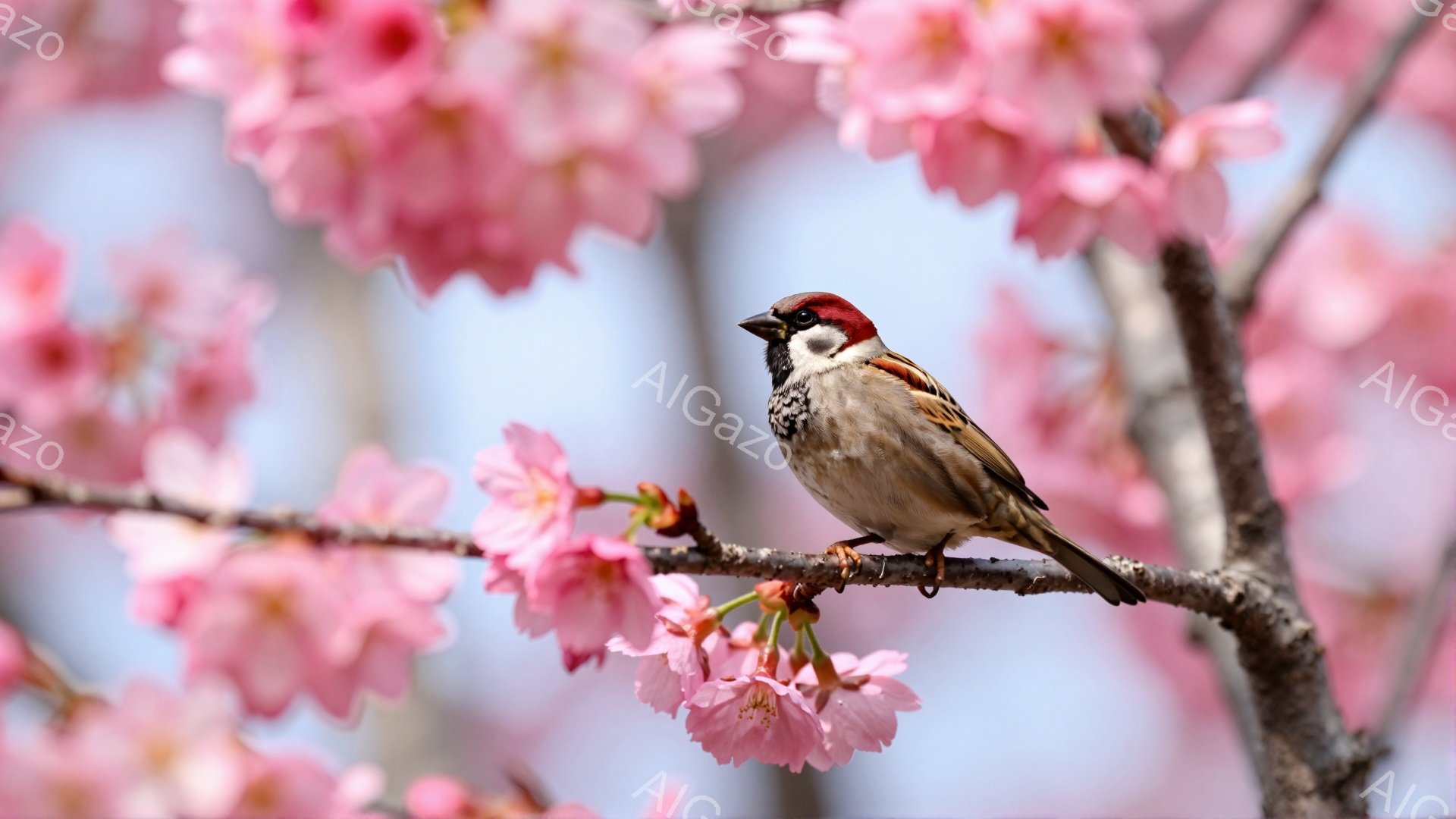 桜の枝にとまっているスズメが描かれています。ピンク色の花びらが咲き乱れ、春の訪れを感じさせる穏やかな雰囲気です。スズメは前を向き、警戒している様子がうかがえます。 - AI生成フリー素材