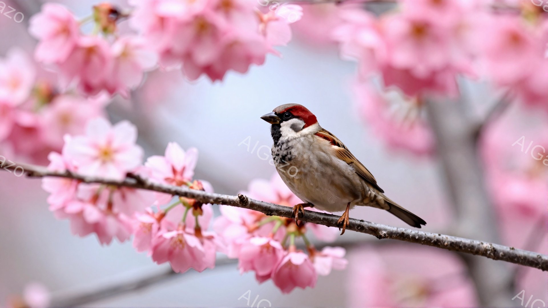 桜の枝にとまっている雀が、こちらを警戒するように見ている。薄いピンク色の桜の花が背景をぼかし、春の穏やかな雰囲気を醸し出している。鳥の茶色と白の模様が、桜のピンク色とコントラストをなしている。 - AI生成フリー素材