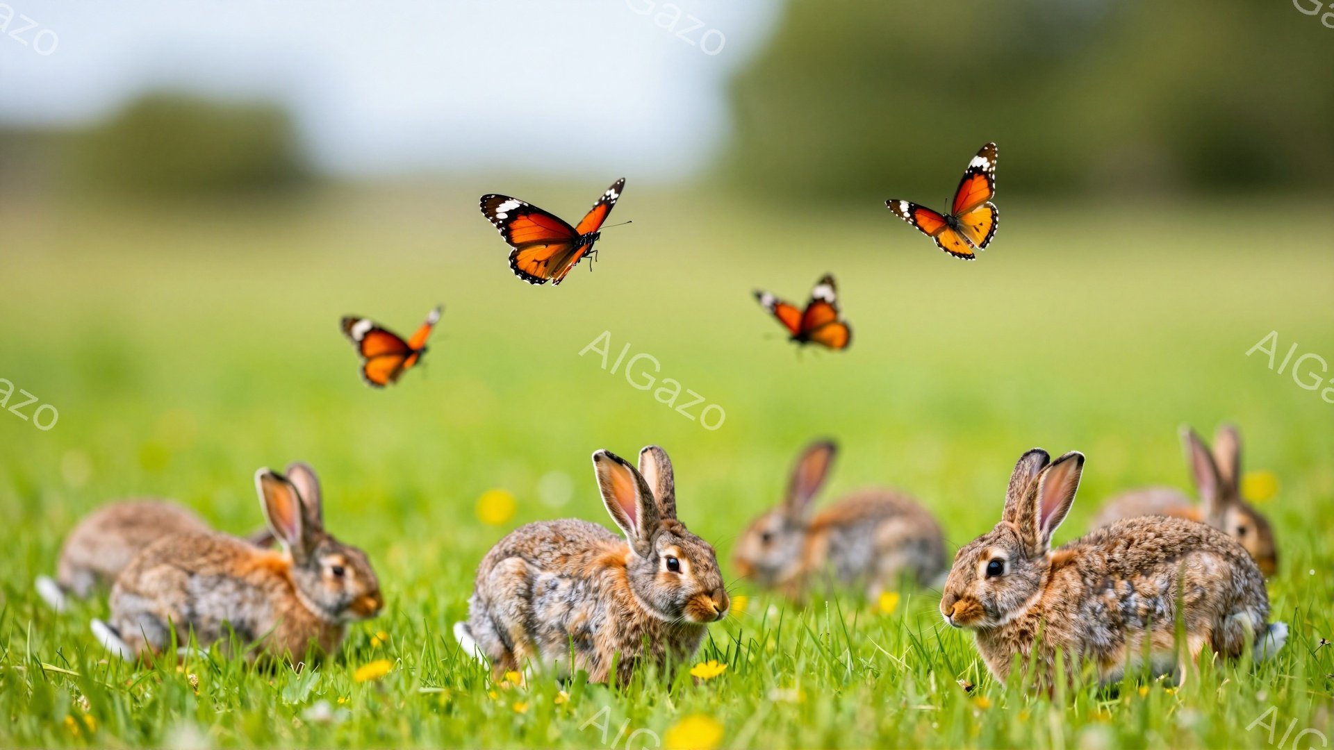 緑の草地で、数匹のウサギが地面に座ってリラックスしています。周囲には黄色い花が点在し、空にはオレンジ色の蝶が舞っています。平和で穏やかな雰囲気の自然の風景です。 - AI生成フリー素材