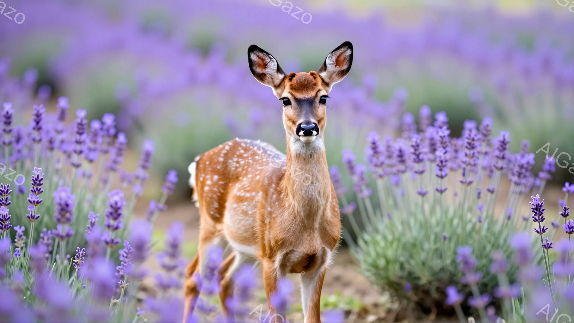 斑点模様の若いシカがラベンダー畑に立っている。シカはカメラの方を見ており、穏やかで優しい表情をしている。紫色の花々とシカの茶色の毛並みが美しいコントラストを生み出している。