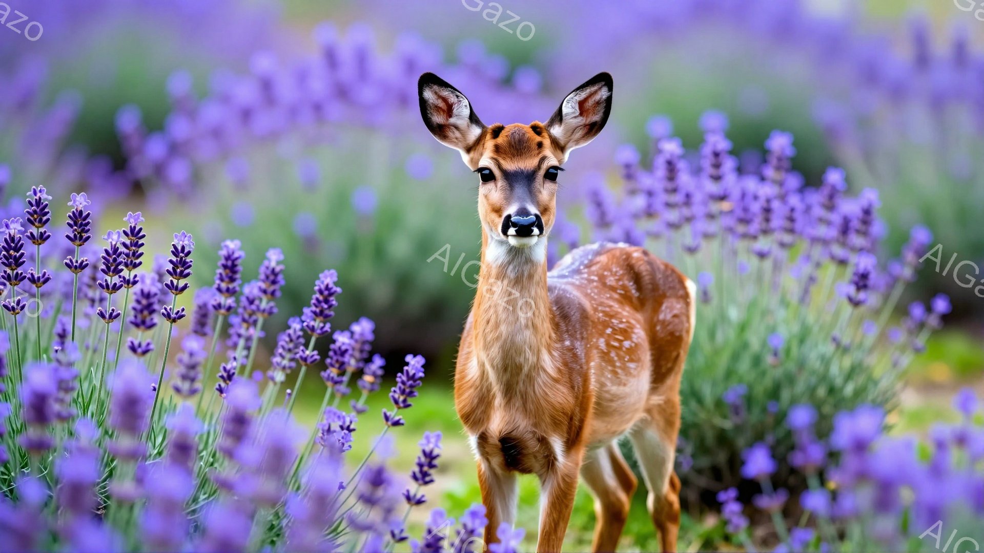 小鹿がラベンダー畑の中に立っている。その毛並みは茶色と白のまだら模様で、好奇心旺盛な表情で正面を見ている。背景は紫色のラベンダーの花で覆われており、穏やかで平和な雰囲気が漂っている。
