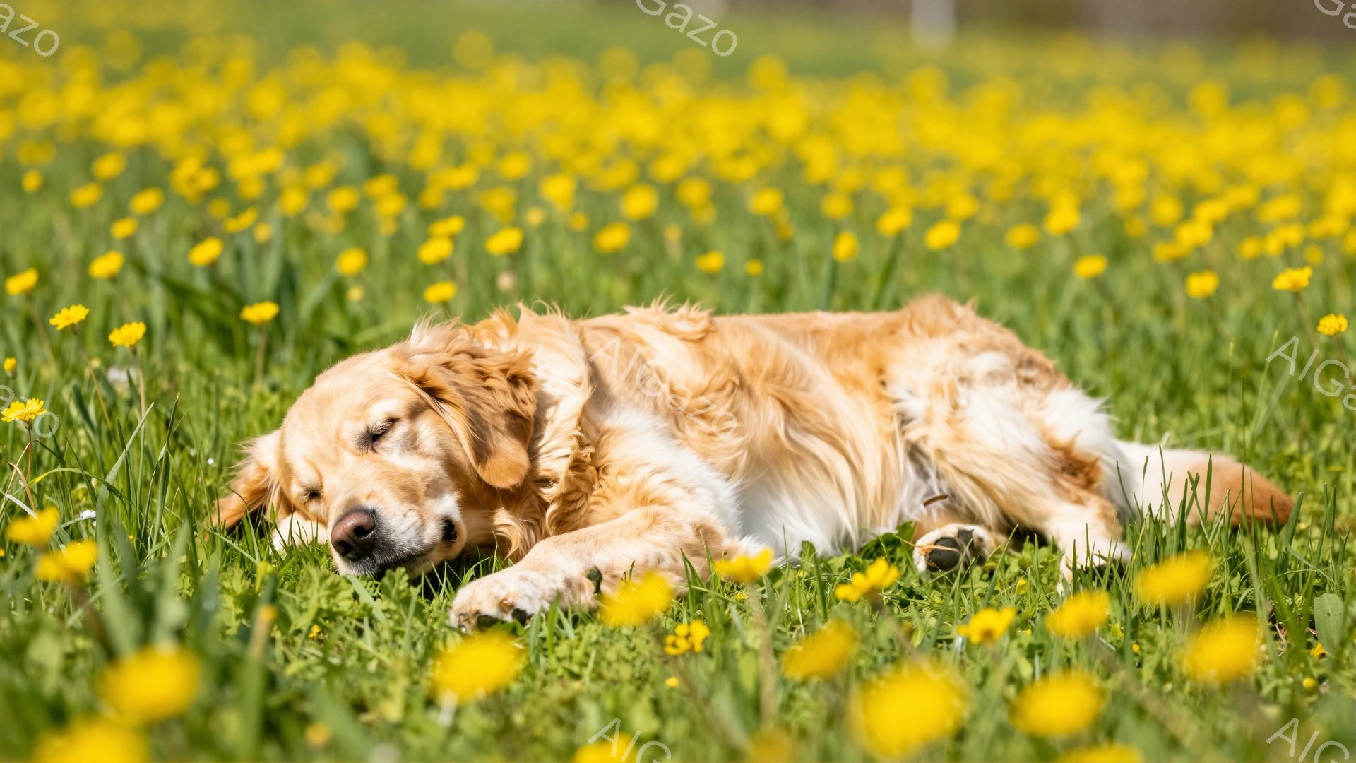 広大なタンポポ畑に、ゴールデンレトリバーが横たわってリラックスしています。太陽の光が降り注ぎ、犬の毛並みを明るく照らし、暖かく穏やかな雰囲気が漂っています。背景には緑豊かな草が広がり、春の訪れを感じさ - AI生成フリー素材
