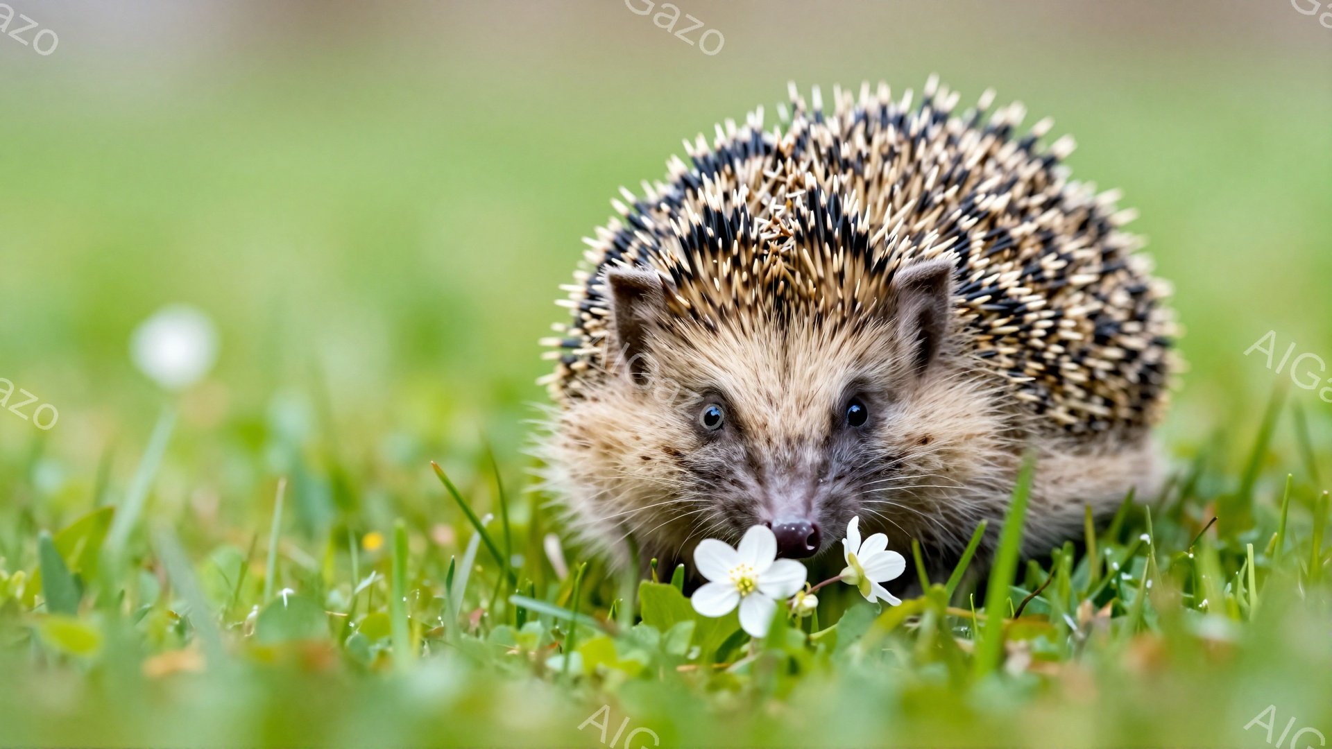 緑の草むらの中で、可愛らしいハリネズミが白い花を見つけています。ハリネズミは鼻を花の近くに近づけて匂いを嗅いでいるようで、好奇心旺盛な表情をしています。背景は鮮やかな緑色で、穏やかで平和な雰囲気が漂っています。