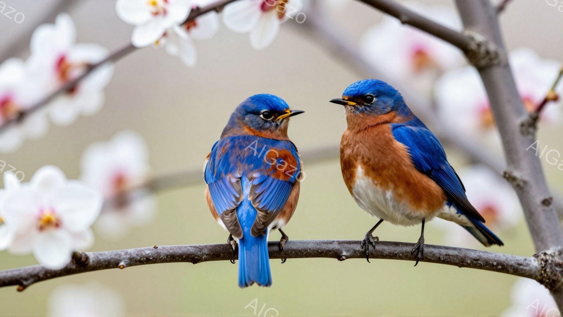 青い背中とオレンジ色の胸を持つ二羽の鳥が枝に並んでとまっています。背景には桜の花がぼんやりと見え、春の暖かく穏やかな雰囲気を醸し出しています。鳥たちは互いに向き合い、静かに何かを待っているようです。