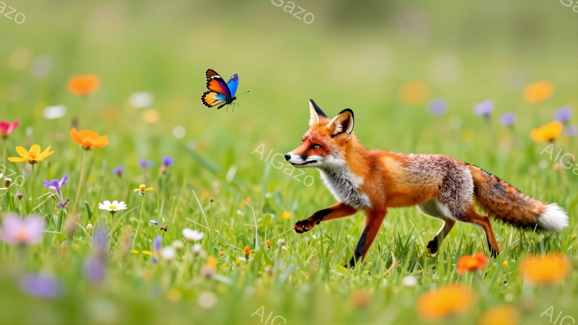 鮮やかな草花が咲き乱れる草原を、一匹の狐が駆け抜けている。青い蝶が狐の近くを舞い、その姿は遊び心に満ちている。暖かく穏やかな日差しが降り注ぎ、生命力に満ちた自然の息吹を感じさせる。