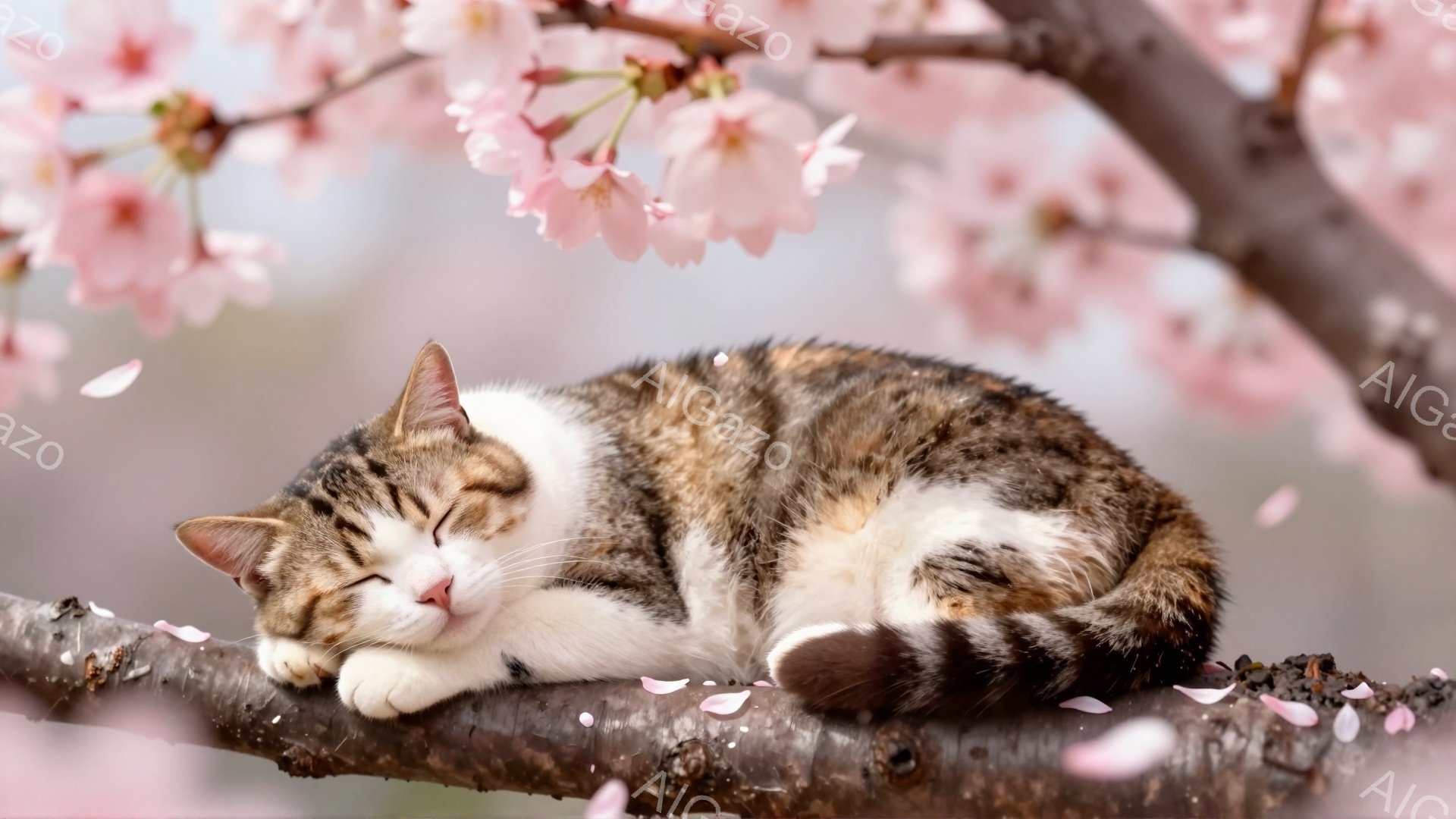 桜の枝に白と茶色の縞模様の猫が丸まって眠っています。穏やかな表情で、周りには桜の花びらが舞い散っています。春の暖かさと安らぎを感じさせる、美しい光景です。