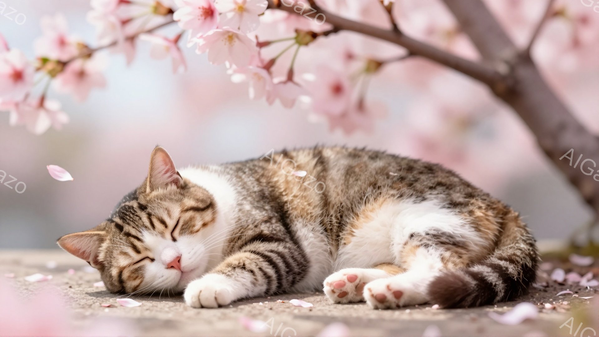 桜の木のそばで、縞模様の猫が穏やかに眠っています。猫は体を丸め、白い足と鼻が可愛らしいです。柔らかいピンク色の花びらが舞い、春の暖かく穏やかな雰囲気を醸し出しています。 - AI生成フリー素材