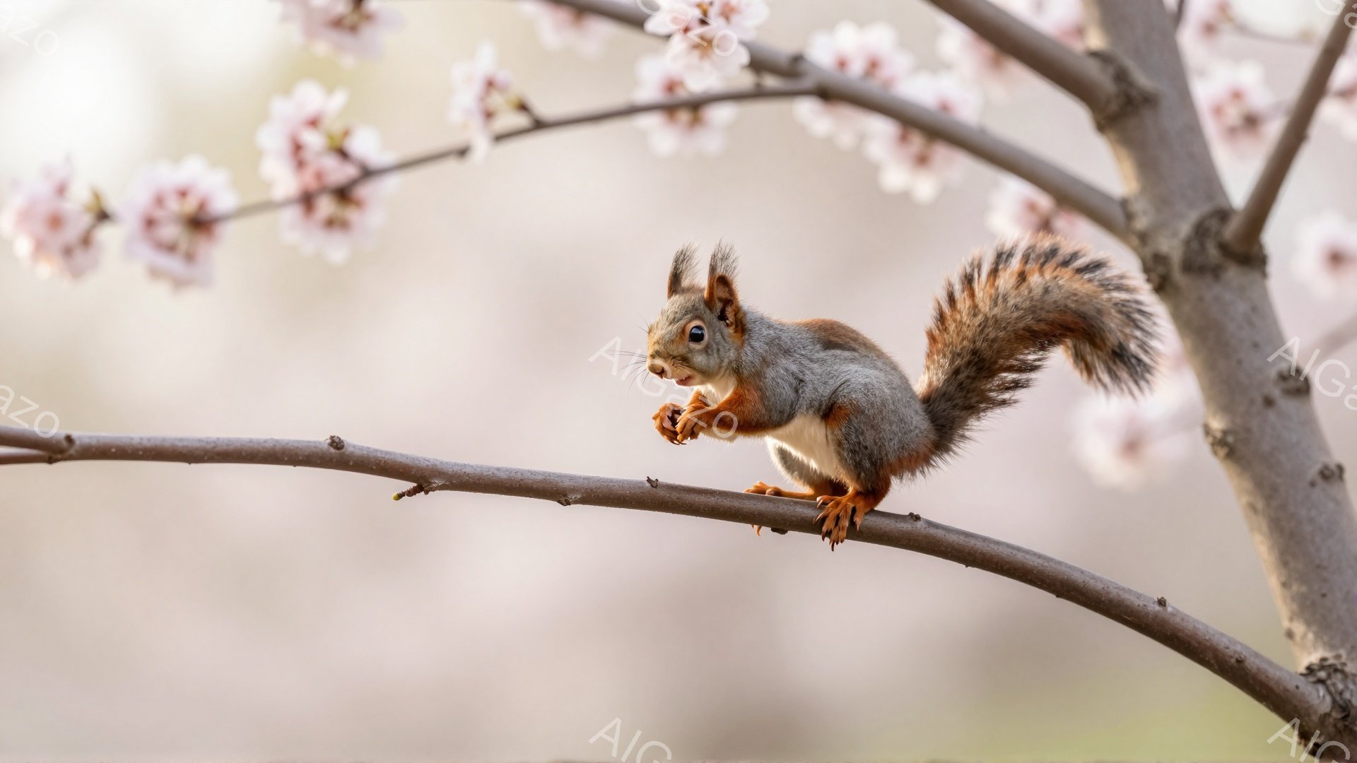 リスが木の枝にとまって何かを食べています。背景には淡いピンク色の桜の花がぼんやりと見え、春の暖かく穏やかな雰囲気が漂っています。リスの毛並みは灰色で、ふさふさとした尾が特徴的です。 - AI生成フリー素材